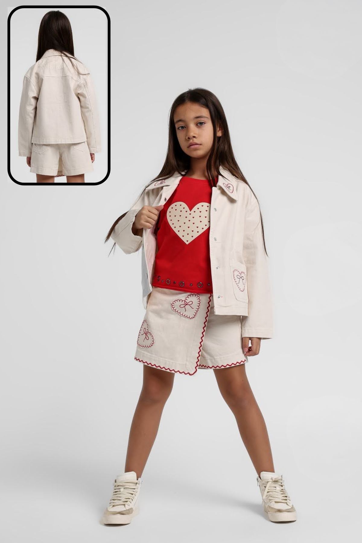 Minigimin Cicileri Kalp Nakış İşlemeli Taş Detaylı Etekli 3 lü kız takım - Krem
