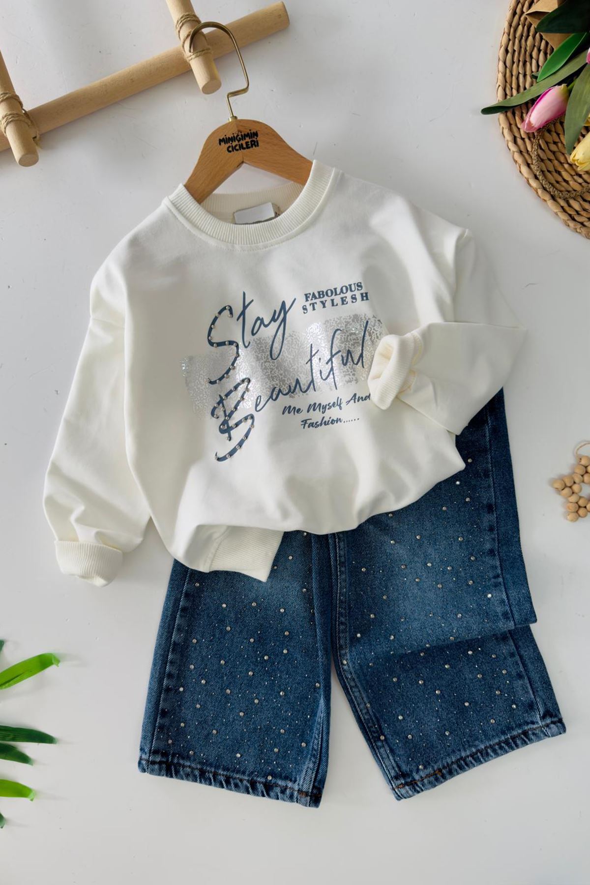 Miniğimin Cicileri Stay Beautiful Taşlı Kot Pantolonlu Kız Çocuk 2 li Takım - Beyaz