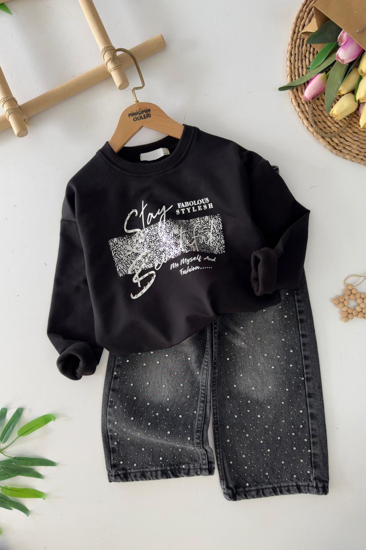 Miniğimin Cicileri Stay Beautiful Taşlı Kot Pantolonlu Kız Çocuk 2 li Takım - Siyah