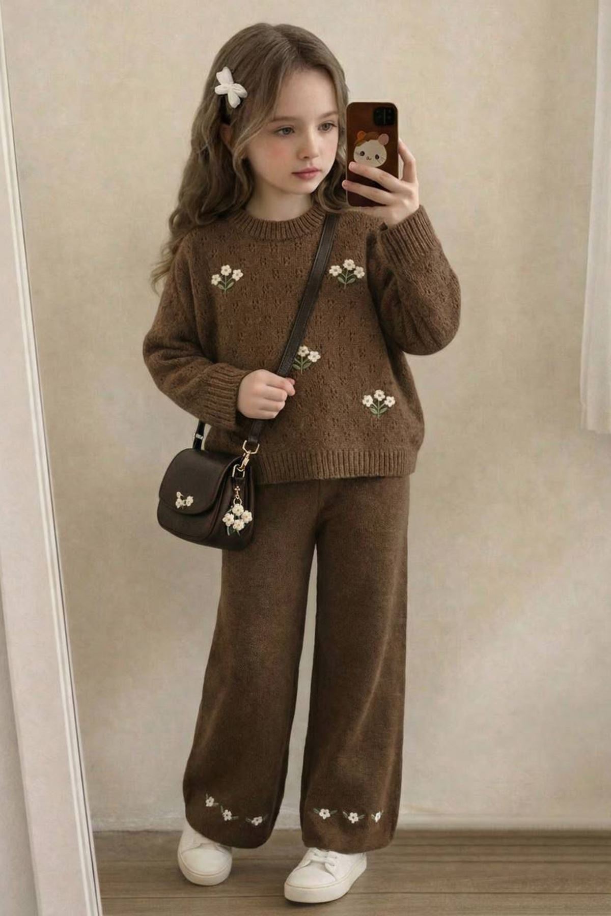 Miniğimin Cicileri Çiçek İşleme  Detaylı Triko Kazaklı Kız Çocuk 2 li Takım - Kahverengi