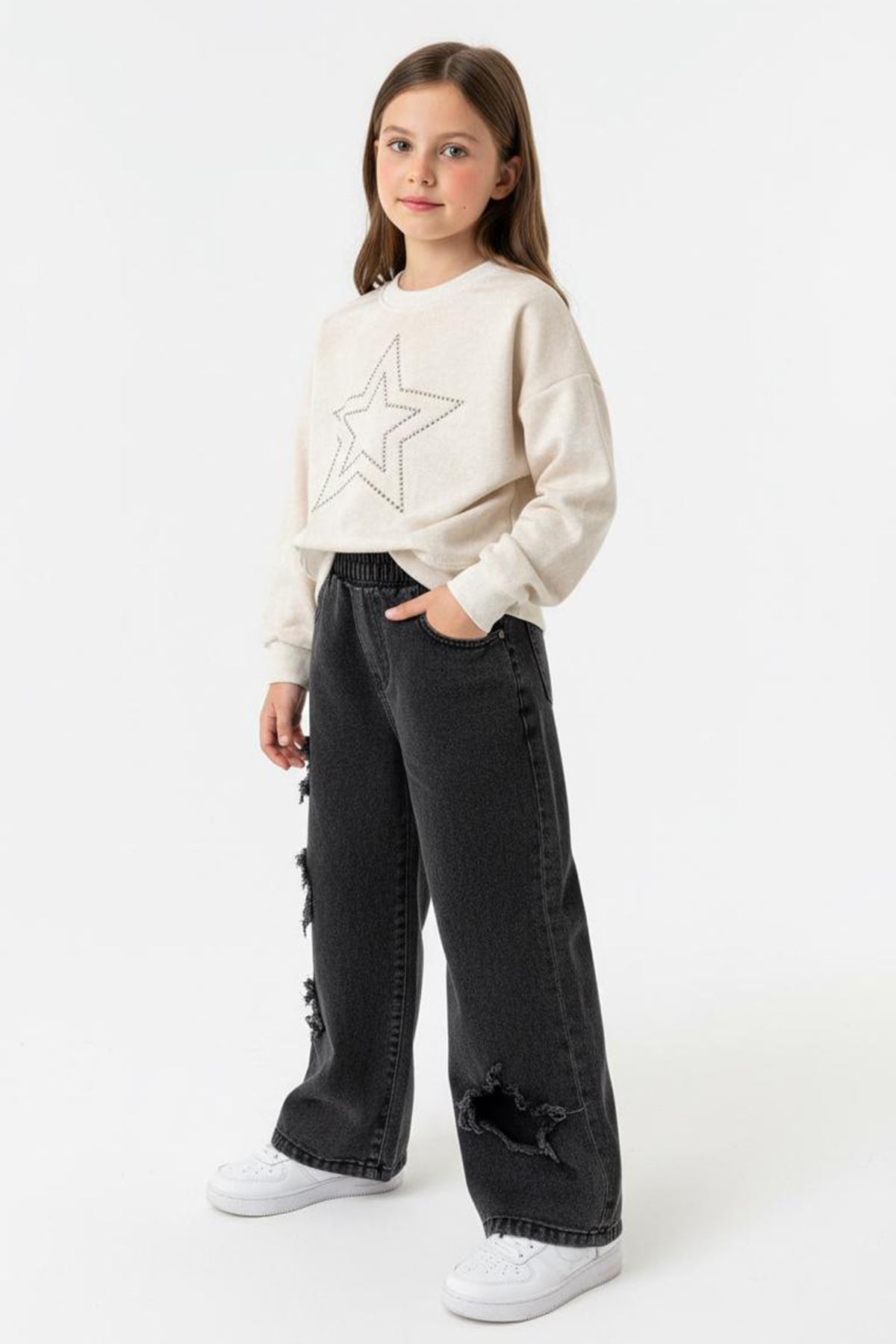 Minigimin Cicileri Yıldız Taşlı Detaylı Sweatshirt Yıldız Detay Jean Pantolonlu 2 li Kız Çocuk Takım - Krem