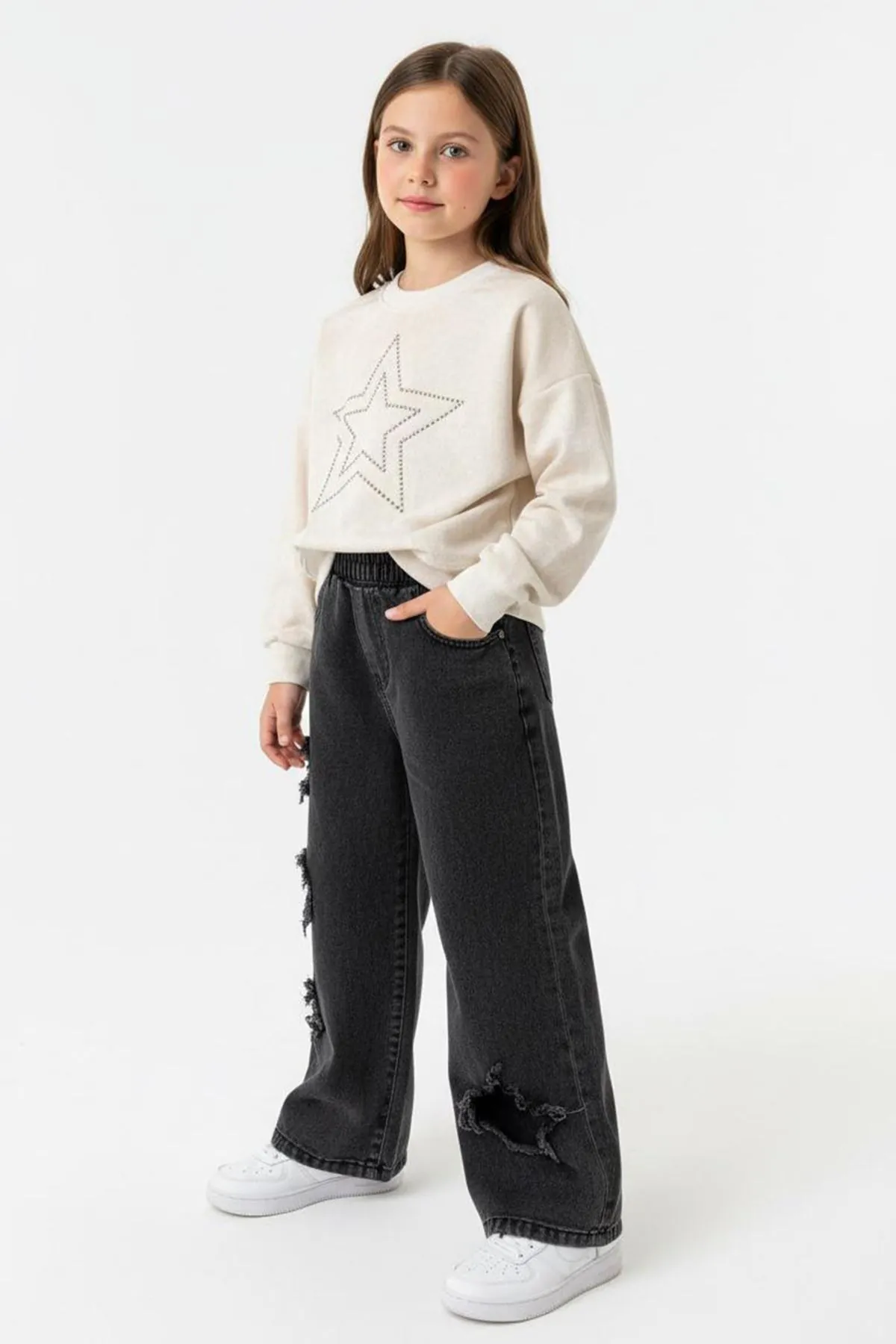 Minigimin Cicileri Yıldız Taşlı Detaylı Sweatshirt Yıldız Detay Jean Pantolonlu 2 li Kız Çocuk Takım - Krem