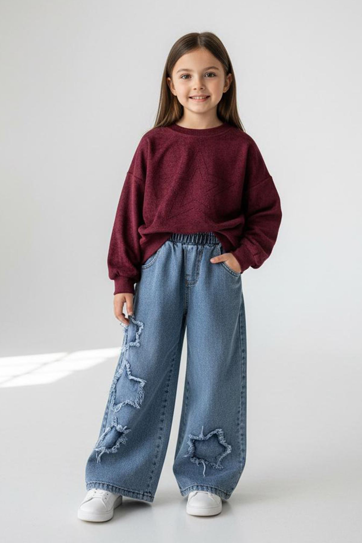 Minigimin Cicileri Yıldız Taşlı Detaylı Sweatshirt Yıldız Detay Jean Pantolonlu 2 li Kız Çocuk Takım - Bordo