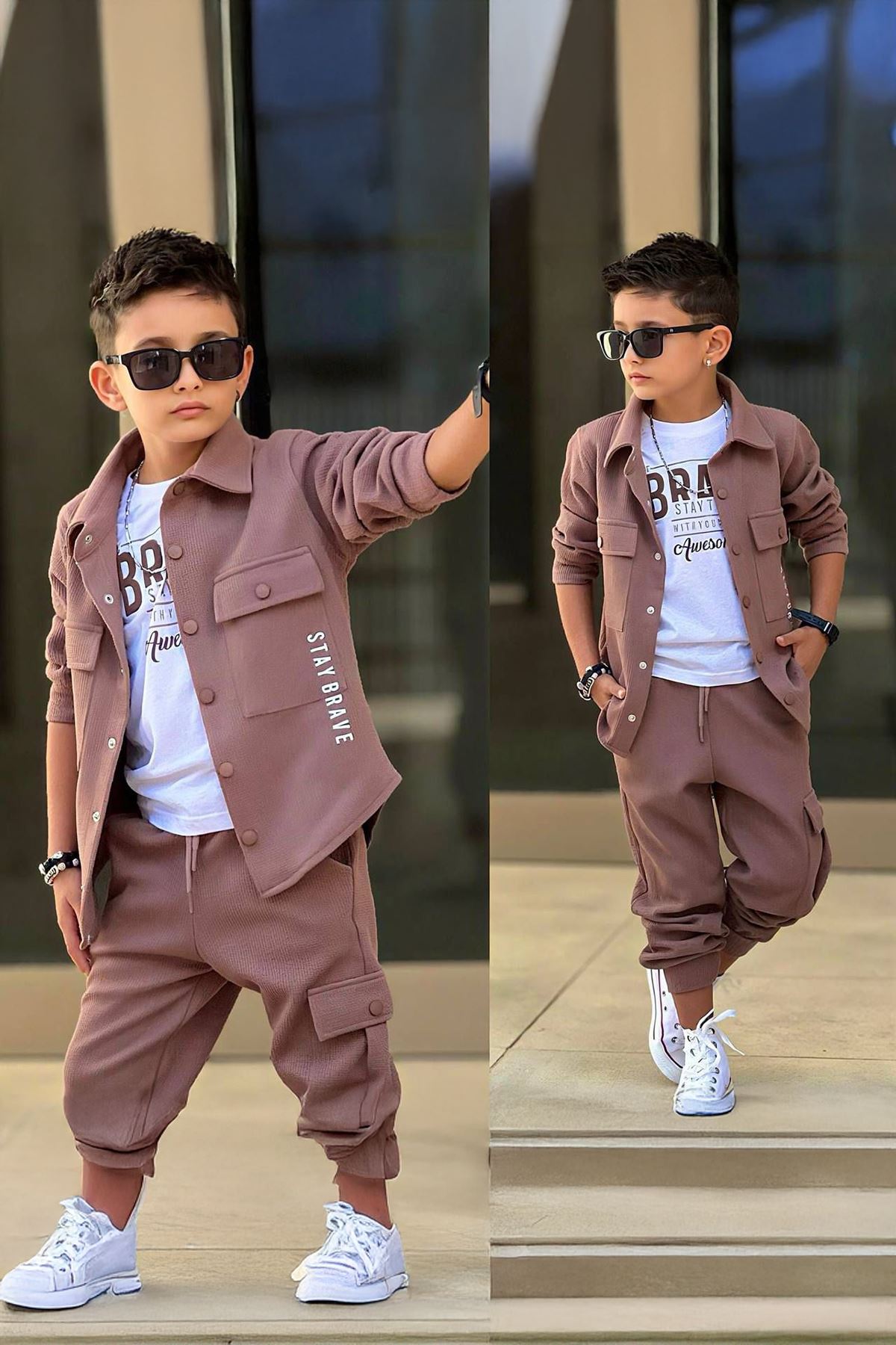 Miniğimin Cicileri Stay Brave Baskılı Waffl 3 lü Erkek Çocuk Takım - Kahverengi