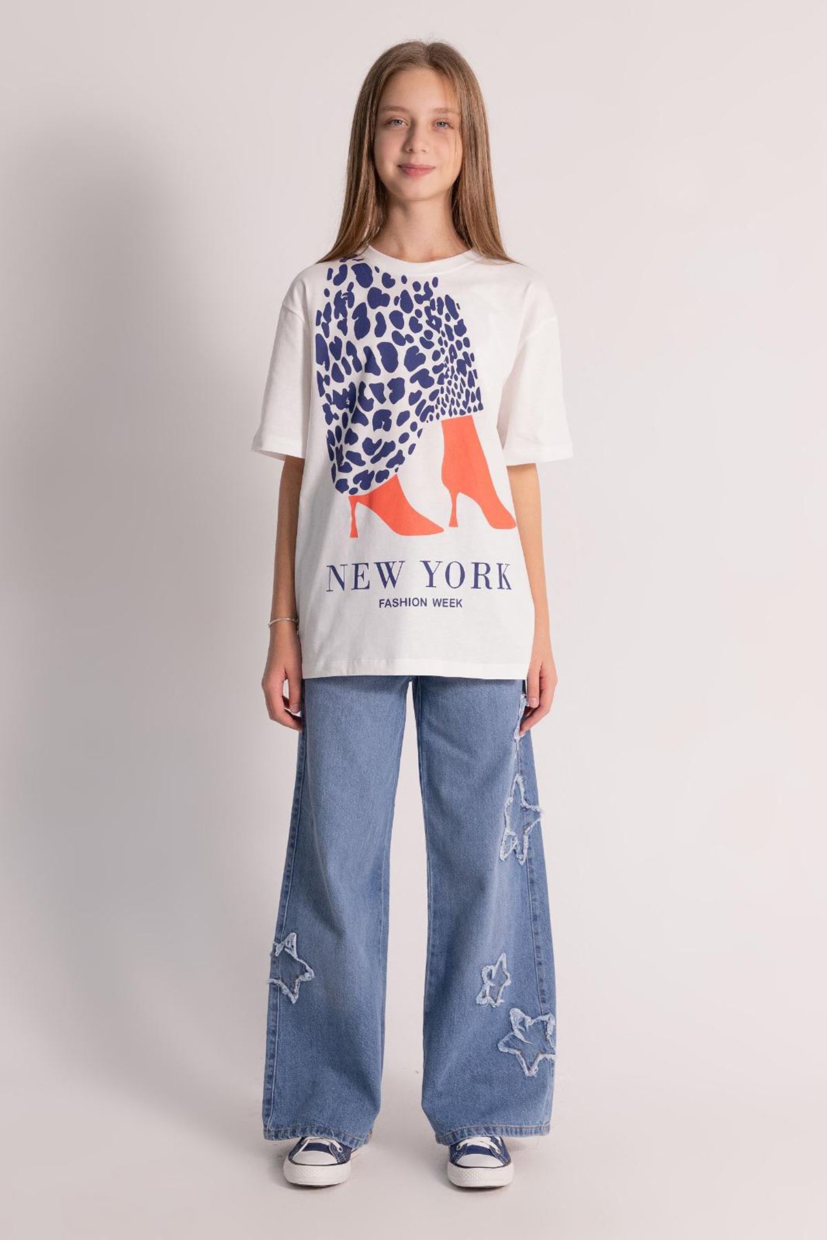 Minigimin Cicileri Jean Palazzo Model Yıldız Detaylı Kız Çocuk Kot Pantolon - Mavi