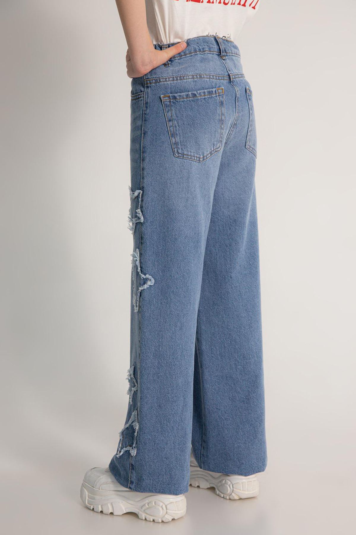 Minigimin Cicileri Jean Palazzo Model Yıldız Detaylı Kız Çocuk Kot Pantolon - Mavi