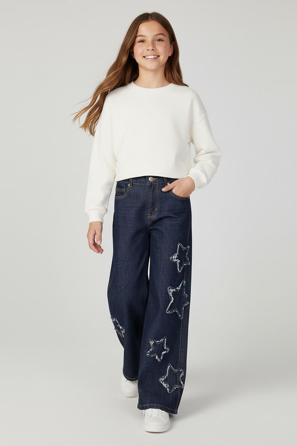 Minigimin Cicileri Jean Palazzo Model Yıldız Detaylı Kız Çocuk Kot Pantolon - Lacivert
