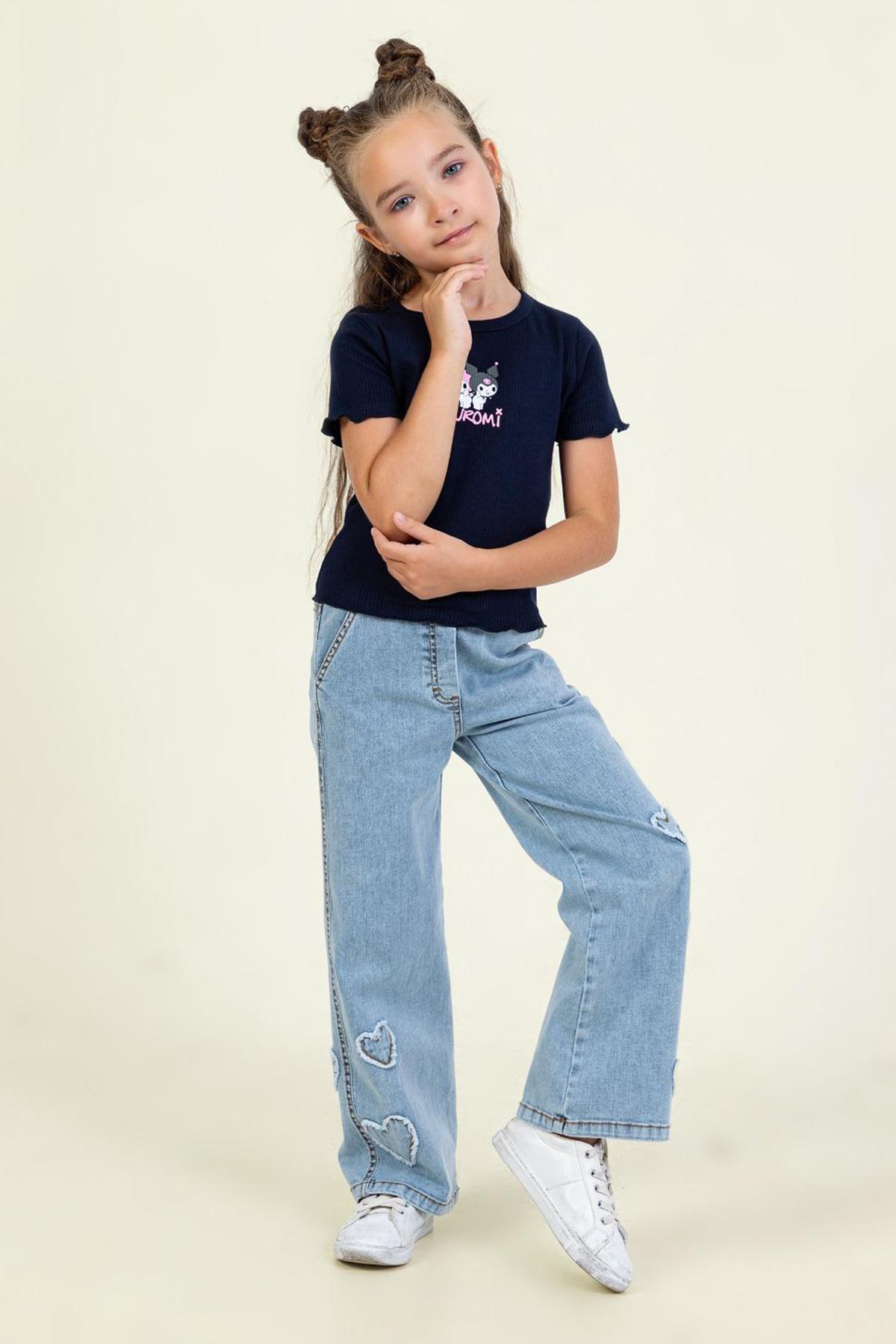 Minigimin Cicileri Kalp Detaylı Kız Çocuk Kot Pantolon - Açık Mavi