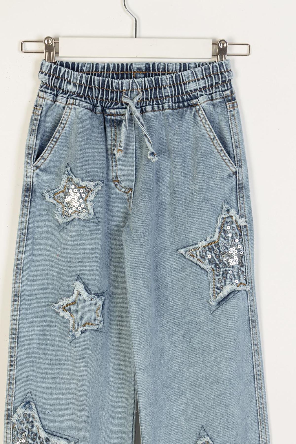 Minigimin Cicileri Yıldız Pullu Detaylı Kız Çocuk Kot Pantolon - Açık Mavi