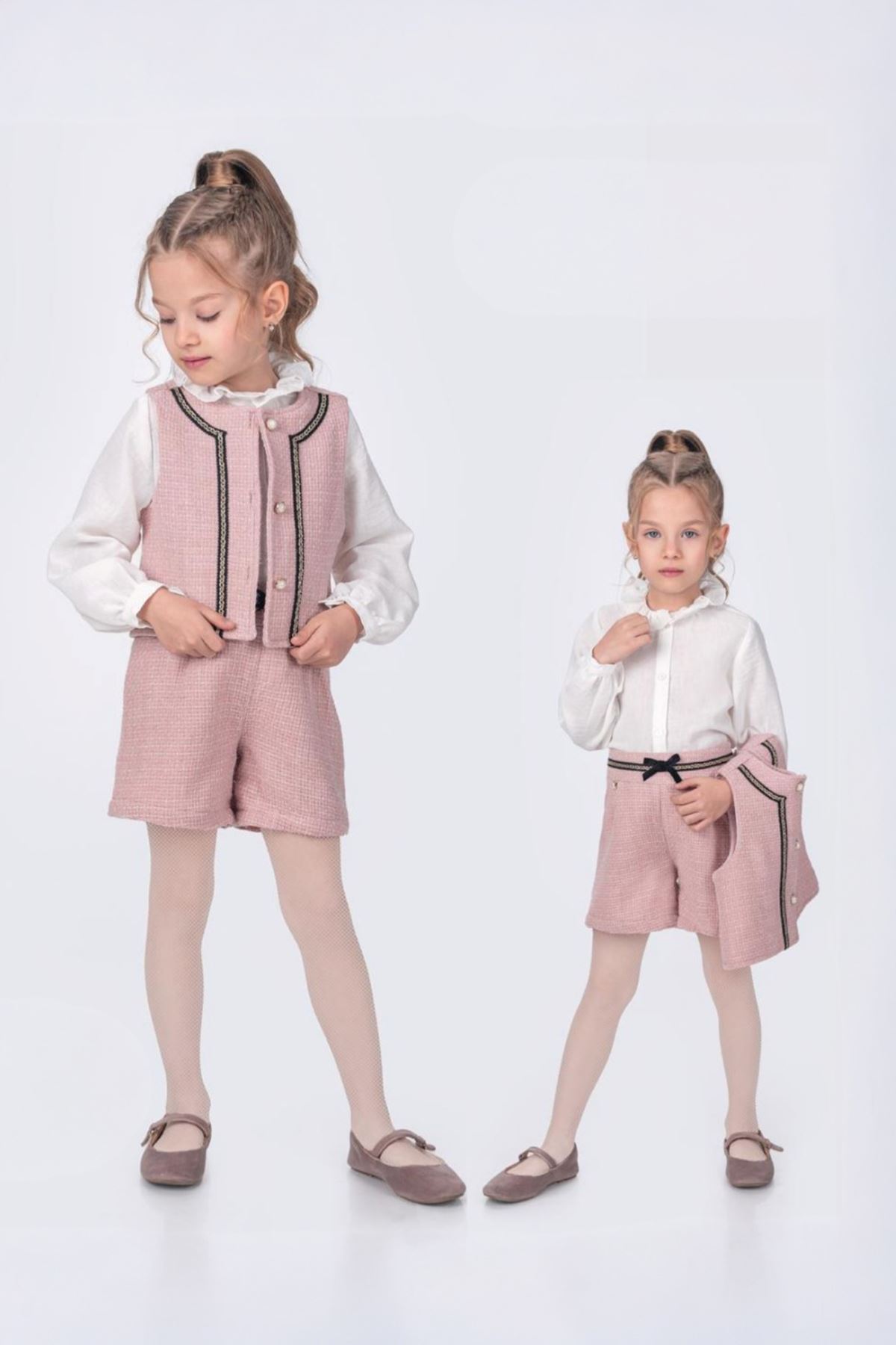 Minigimin Cicileri Tüvit Şeritli 3 lü Yelekli Kız Çocuk Takım - Pudra