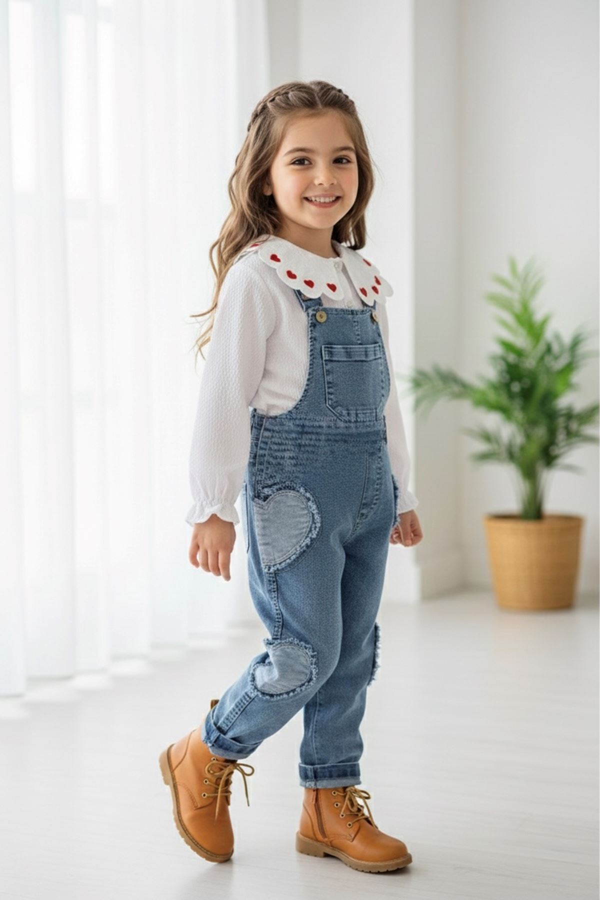 Miniğimin Cicileri Kalp İşlemeli Kız Çocuk Salopetli Kot Takım - Mavi