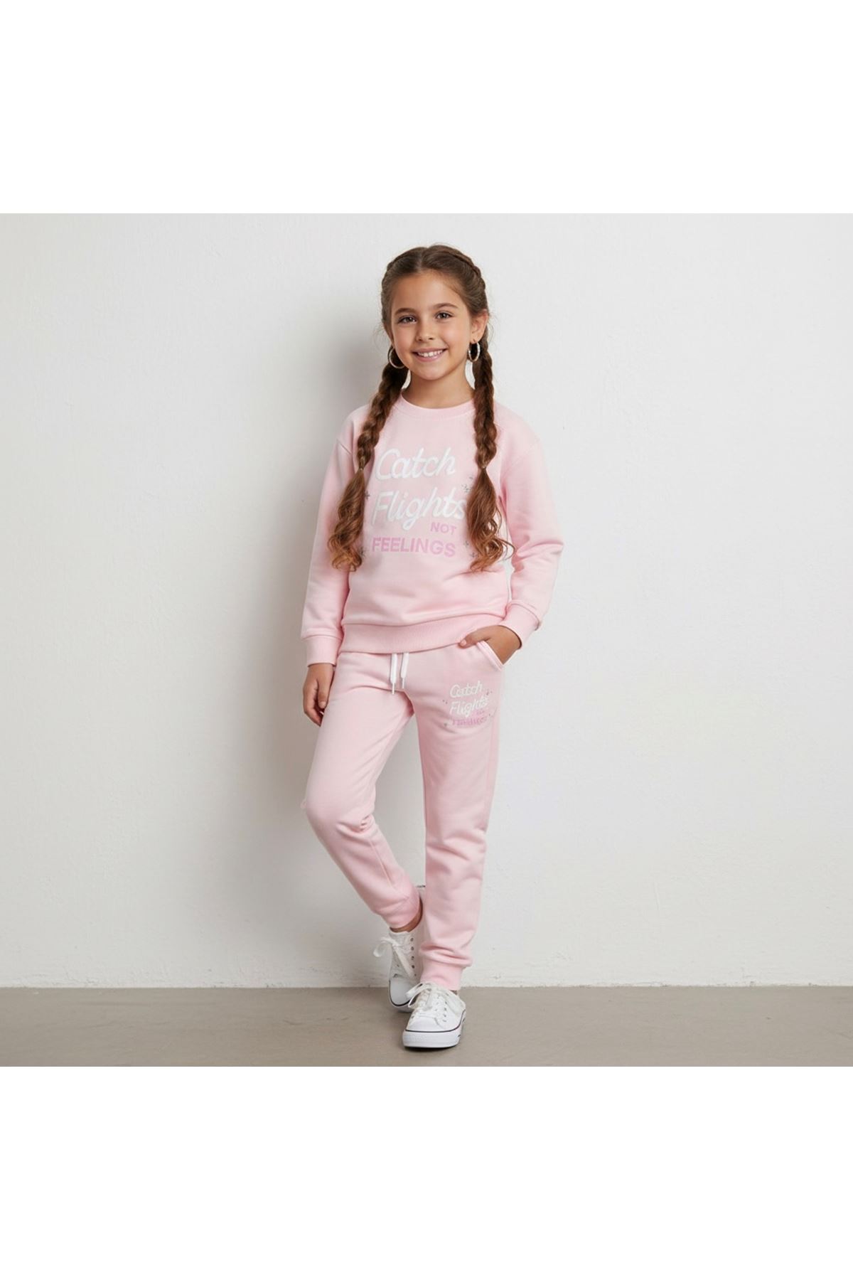 Miniğimin Cicileri Catch Flight Baskı Özel Fırçalı Kumaş Kız Çocuk Eşofman Takımı - Pembe