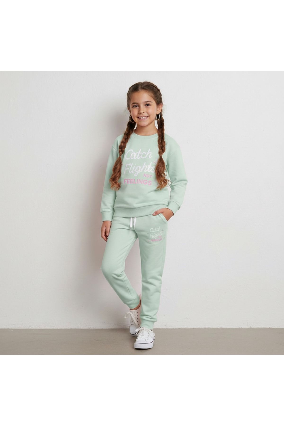 Miniğimin Cicileri Catch Flight Baskı Özel Fırçalı Kumaş Kız Çocuk Eşofman Takımı - Su Yeşili