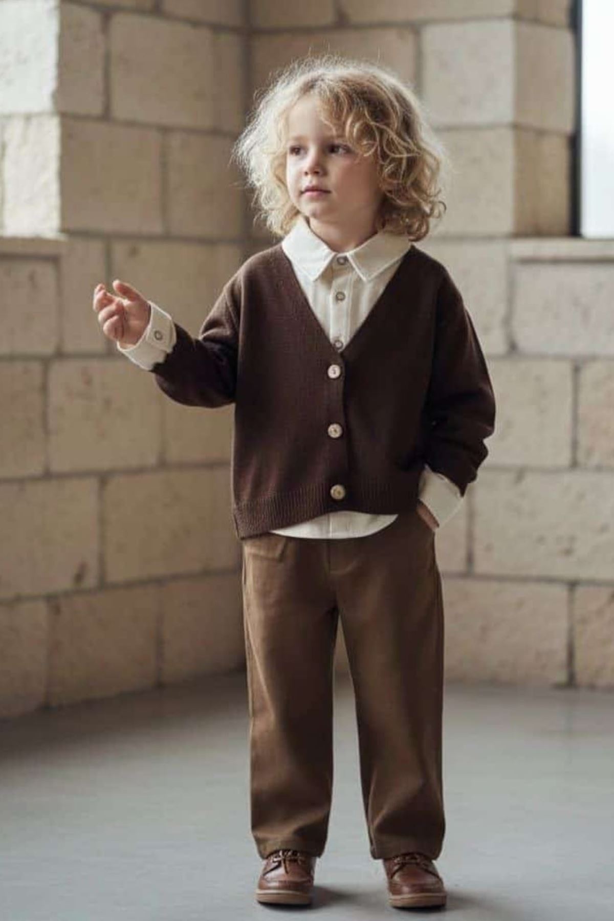 Minigimin Cicileri Triko Hırkalı Gömlek Pantolon Erkek Çocuk 3 lü Takım -Kahverengi