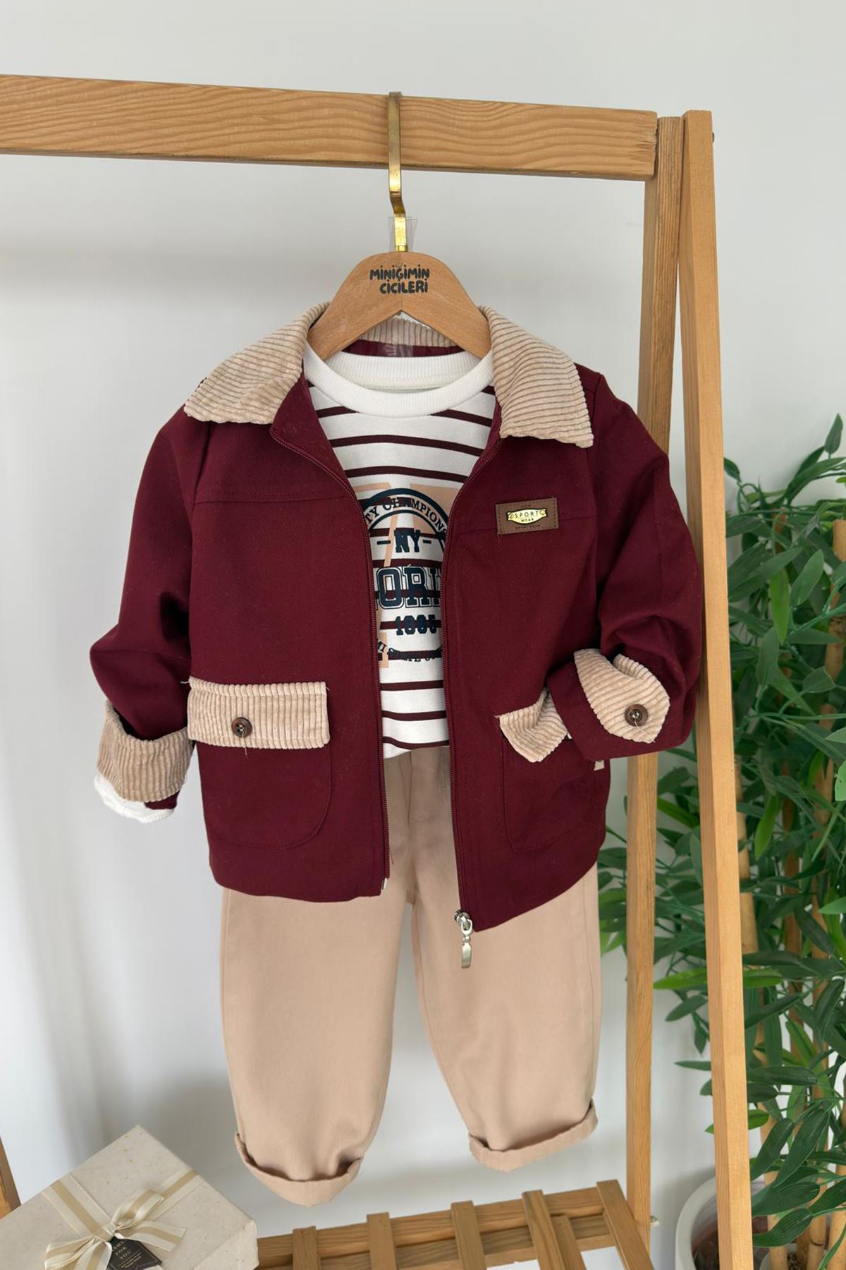 Minigimin Cicileri Kadife Yaka Detaylı Erkek Çocuk 3 lü Ceketli Takım - Bordo