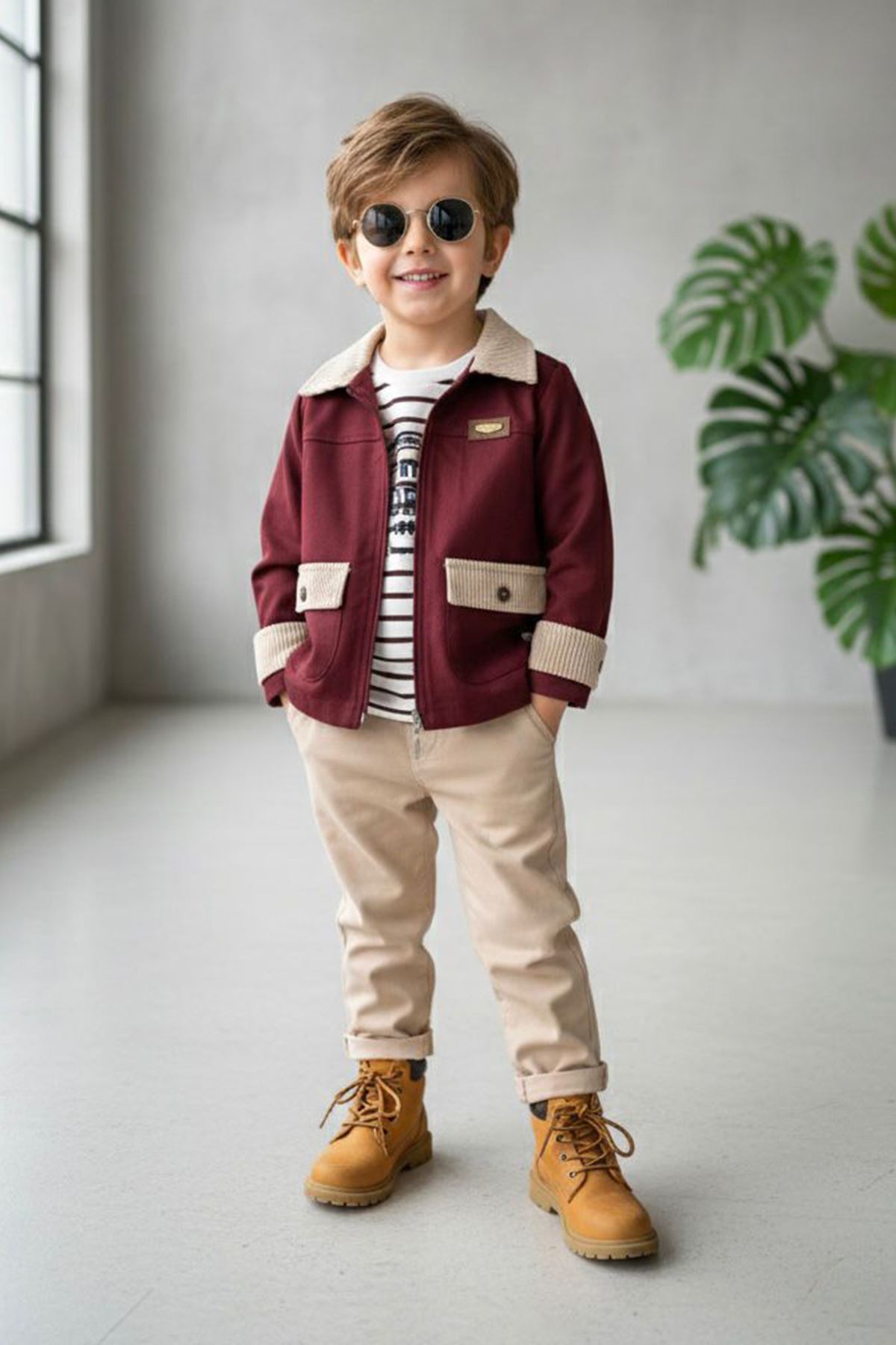 Minigimin Cicileri Kadife Yaka Detaylı Erkek Çocuk 3 lü Ceketli Takım - Bordo