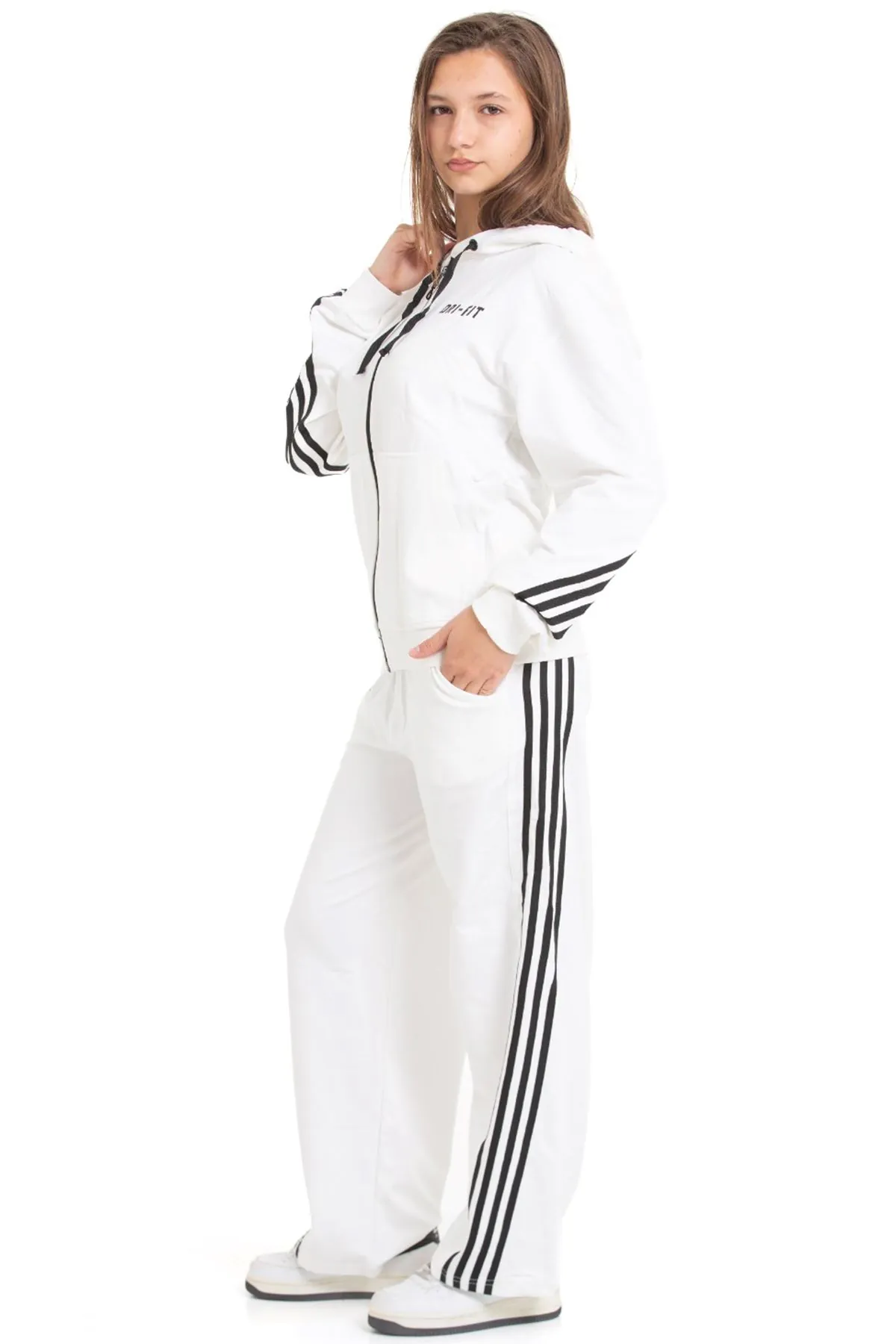 Minigimin Cicileri Şeritli Dri Fit Kapşonlu Kız Çocuk 2 li Eşofman Takımı - Ekru