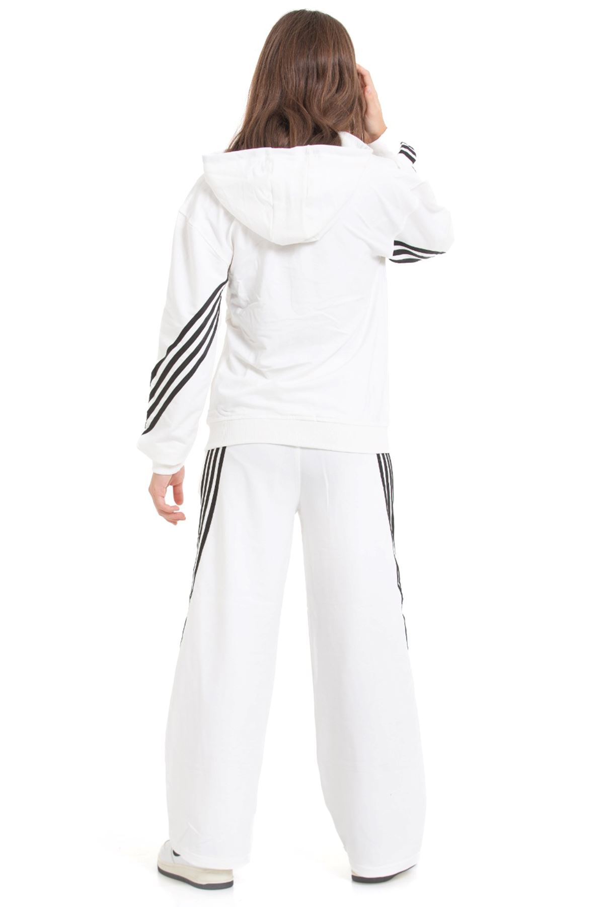 Minigimin Cicileri Şeritli Dri Fit Kapşonlu Kız Çocuk 2 li Eşofman Takımı - Ekru