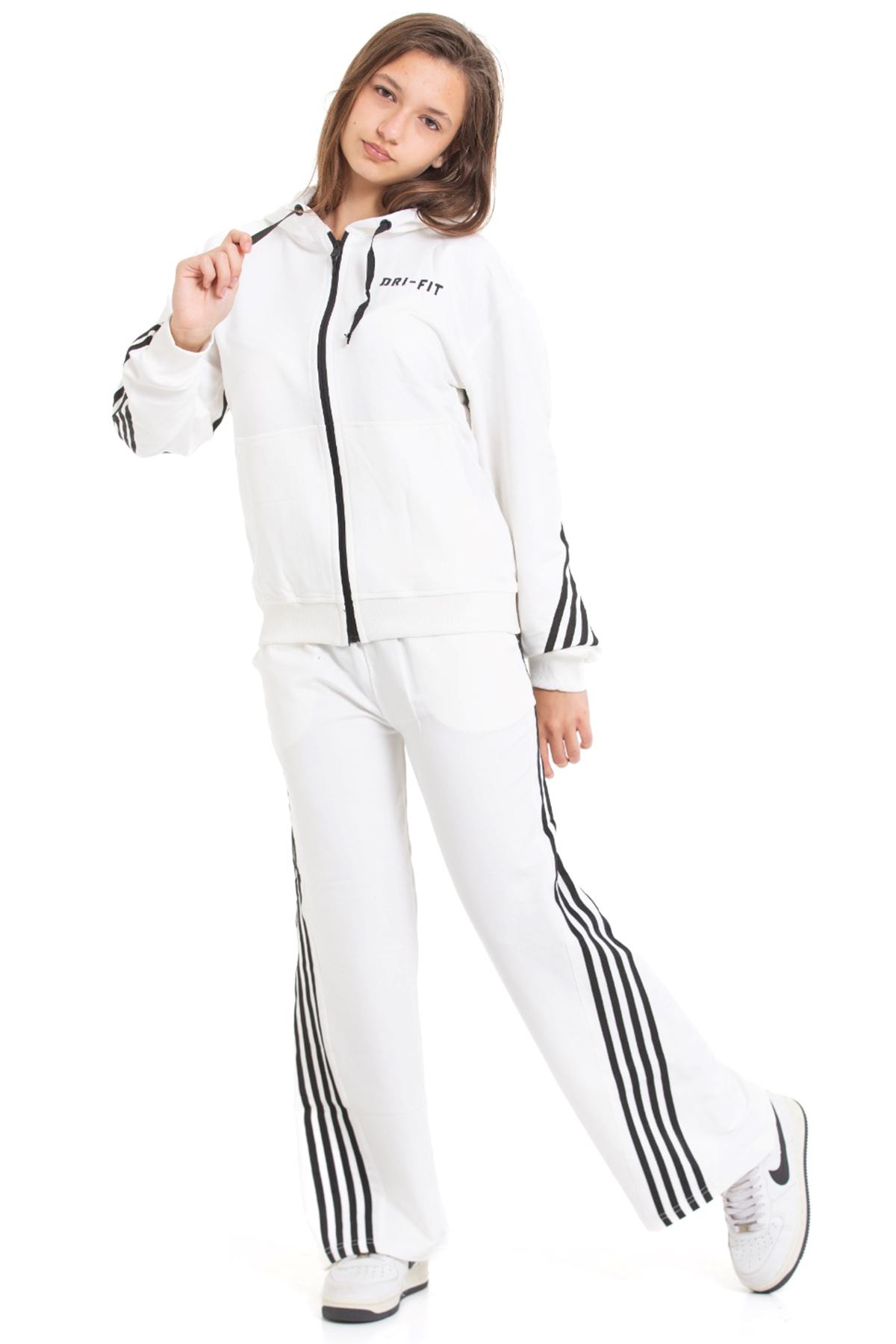 Minigimin Cicileri Şeritli Dri Fit Kapşonlu Kız Çocuk 2 li Eşofman Takımı - Ekru