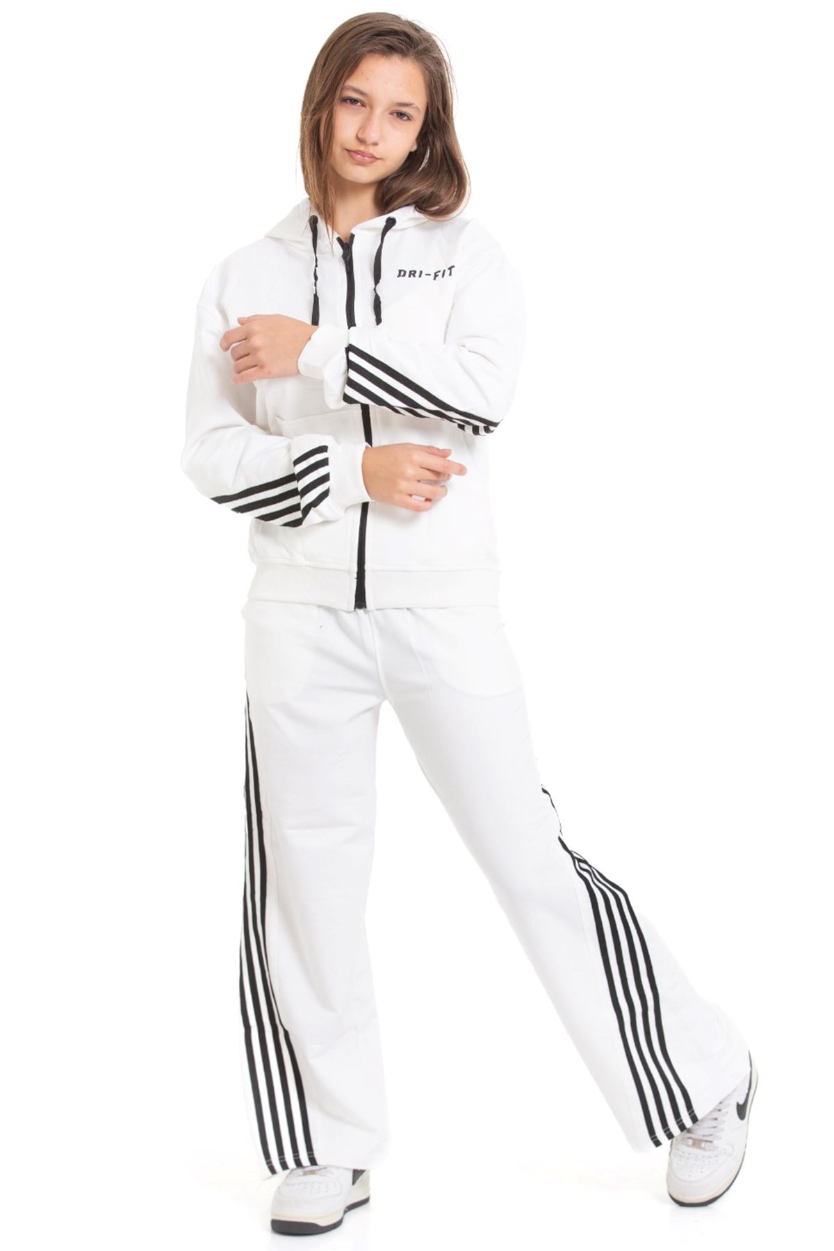 Minigimin Cicileri Şeritli Dri Fit Kapşonlu Kız Çocuk 2 li Eşofman Takımı - Ekru