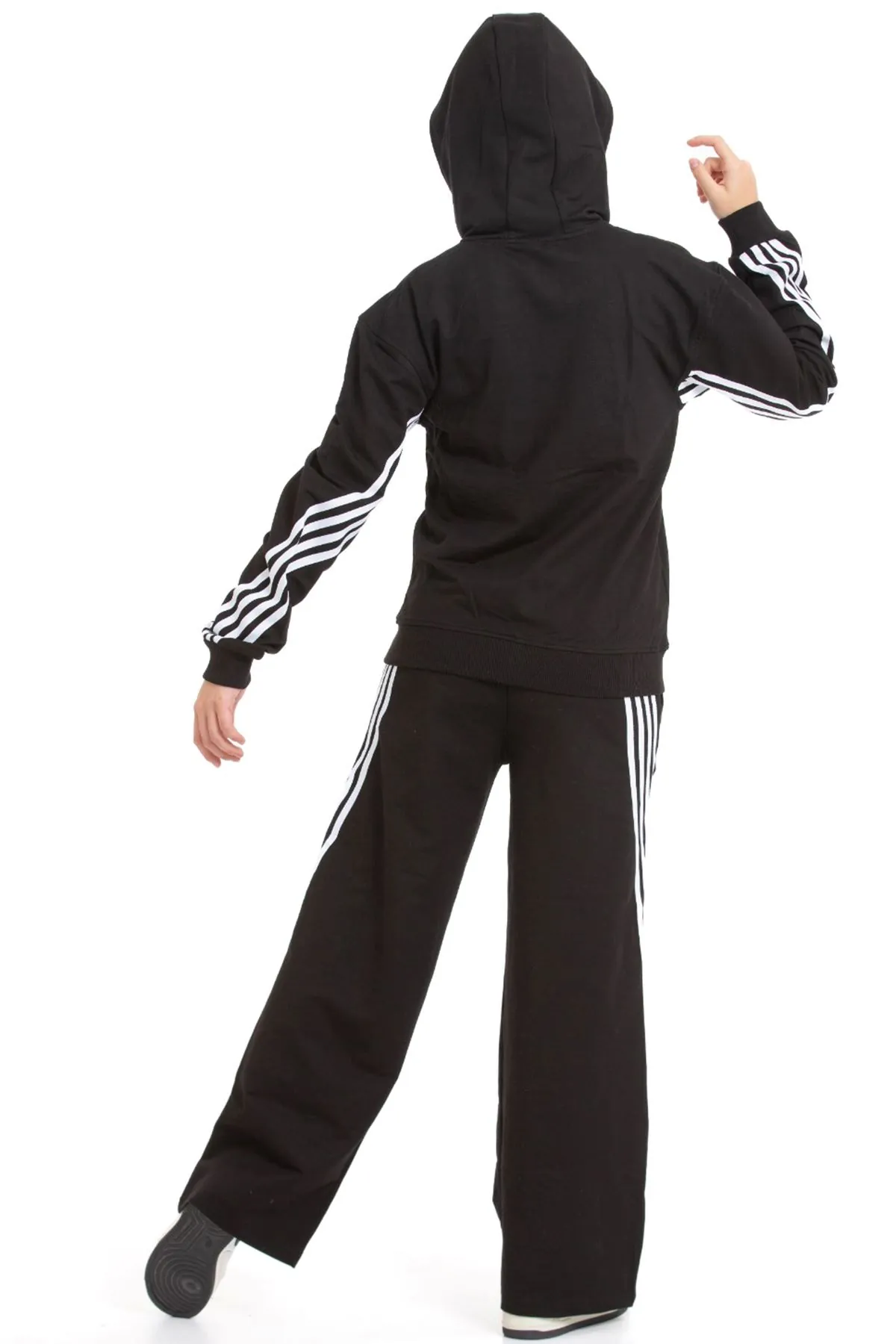 Minigimin Cicileri Şeritli Dri Fit Kapşonlu Kız Çocuk 2 li Eşofman Takımı - Siyah
