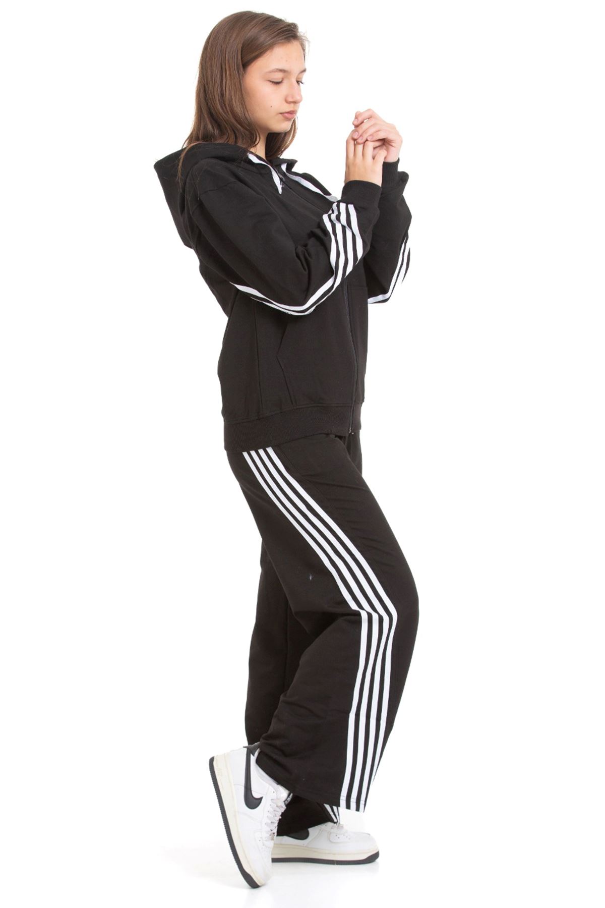 Minigimin Cicileri Şeritli Dri Fit Kapşonlu Kız Çocuk 2 li Eşofman Takımı - Siyah