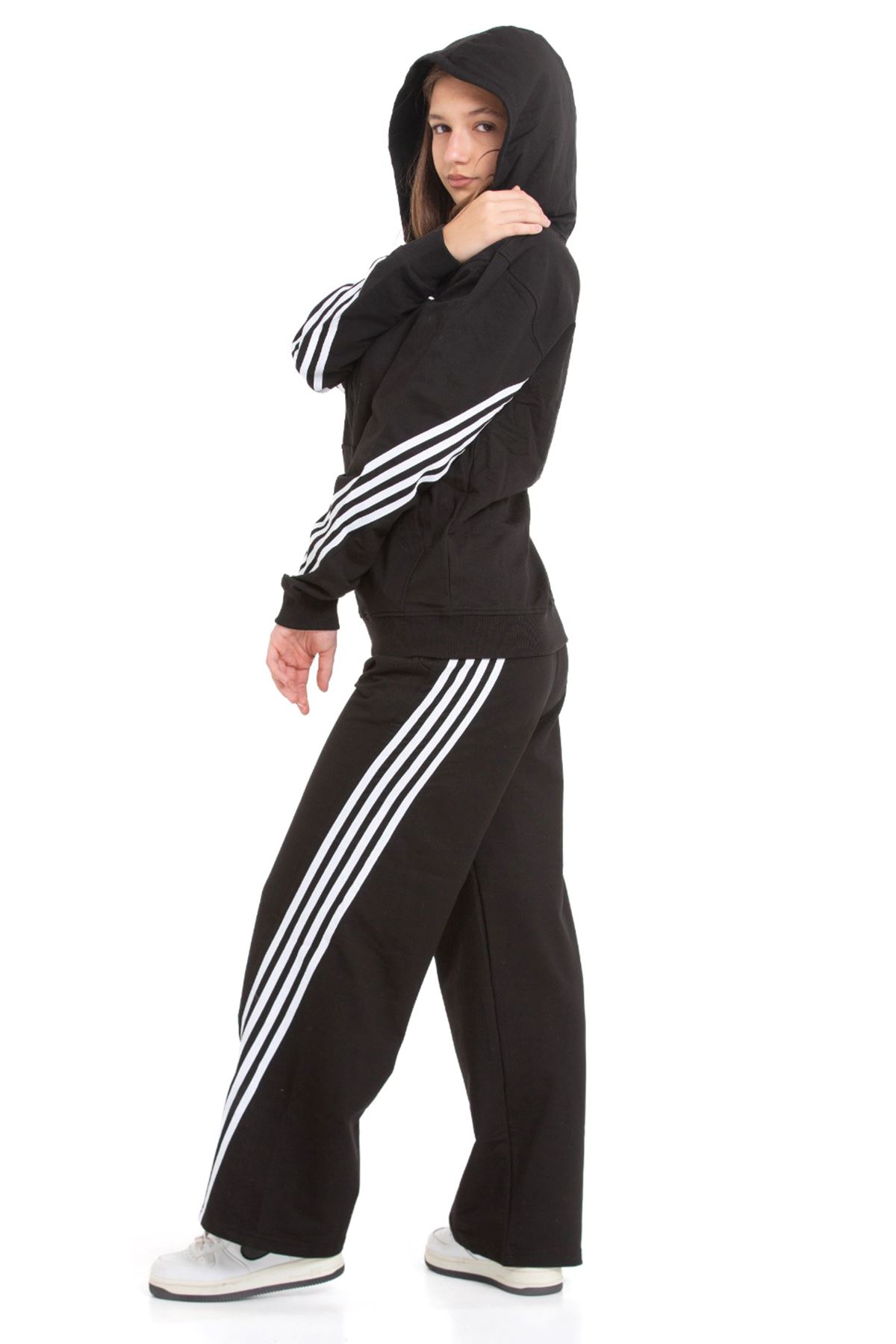 Minigimin Cicileri Şeritli Dri Fit Kapşonlu Kız Çocuk 2 li Eşofman Takımı - Siyah