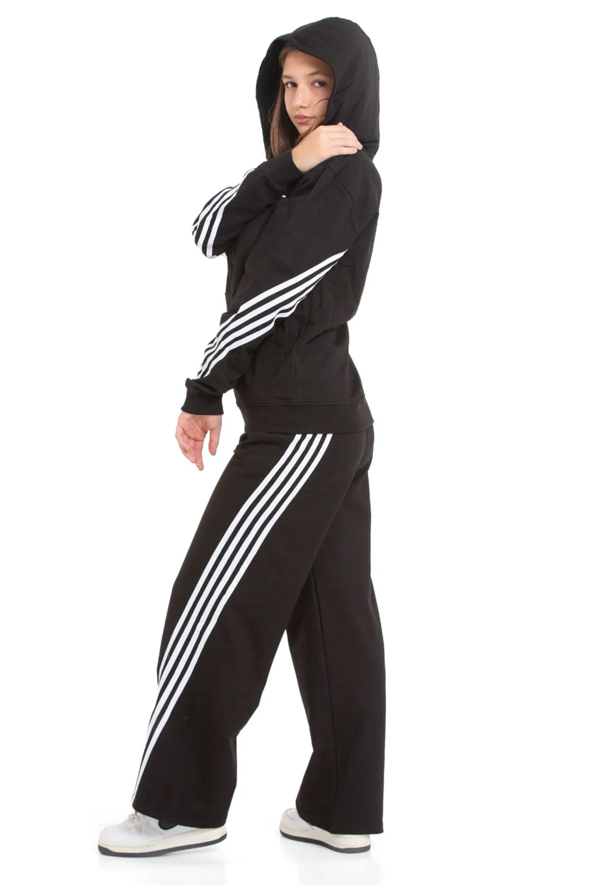 Minigimin Cicileri Şeritli Dri Fit Kapşonlu Kız Çocuk 2 li Eşofman Takımı - Siyah