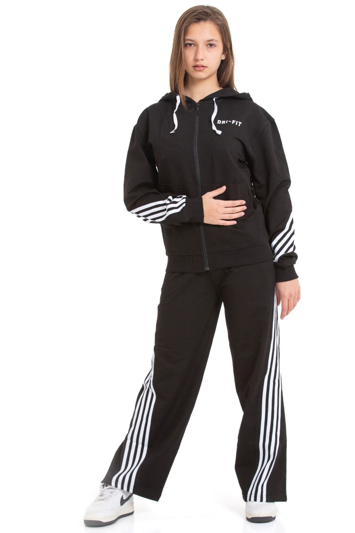 Minigimin Cicileri Şeritli Dri Fit Kapşonlu Kız Çocuk 2 li Eşofman Takımı - Siyah