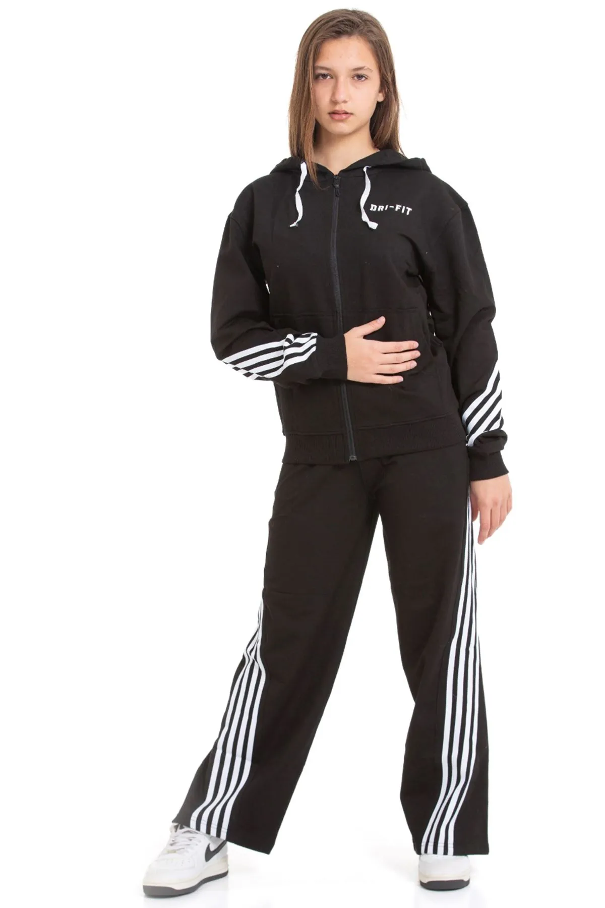 Minigimin Cicileri Şeritli Dri Fit Kapşonlu Kız Çocuk 2 li Eşofman Takımı - Siyah