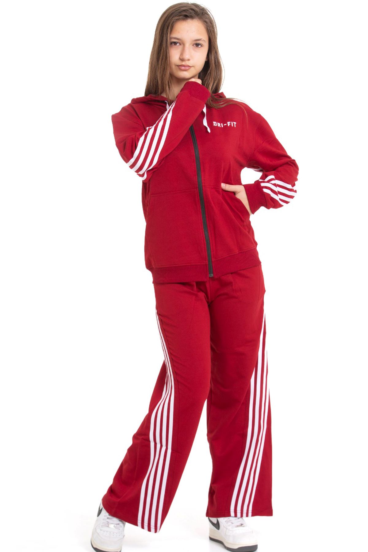 Minigimin Cicileri Şeritli Dri Fit Kapşonlu Kız Çocuk 2 li Eşofman Takımı - Bordo