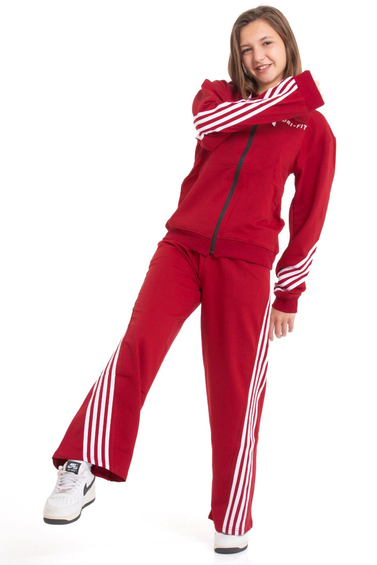 Minigimin Cicileri Şeritli Dri Fit Kapşonlu Kız Çocuk 2 li Eşofman Takımı - Bordo