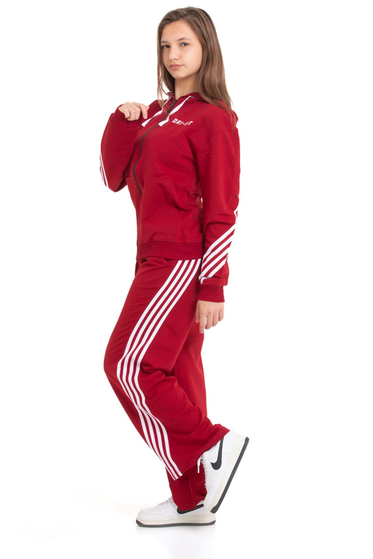 Minigimin Cicileri Şeritli Dri Fit Kapşonlu Kız Çocuk 2 li Eşofman Takımı - Bordo