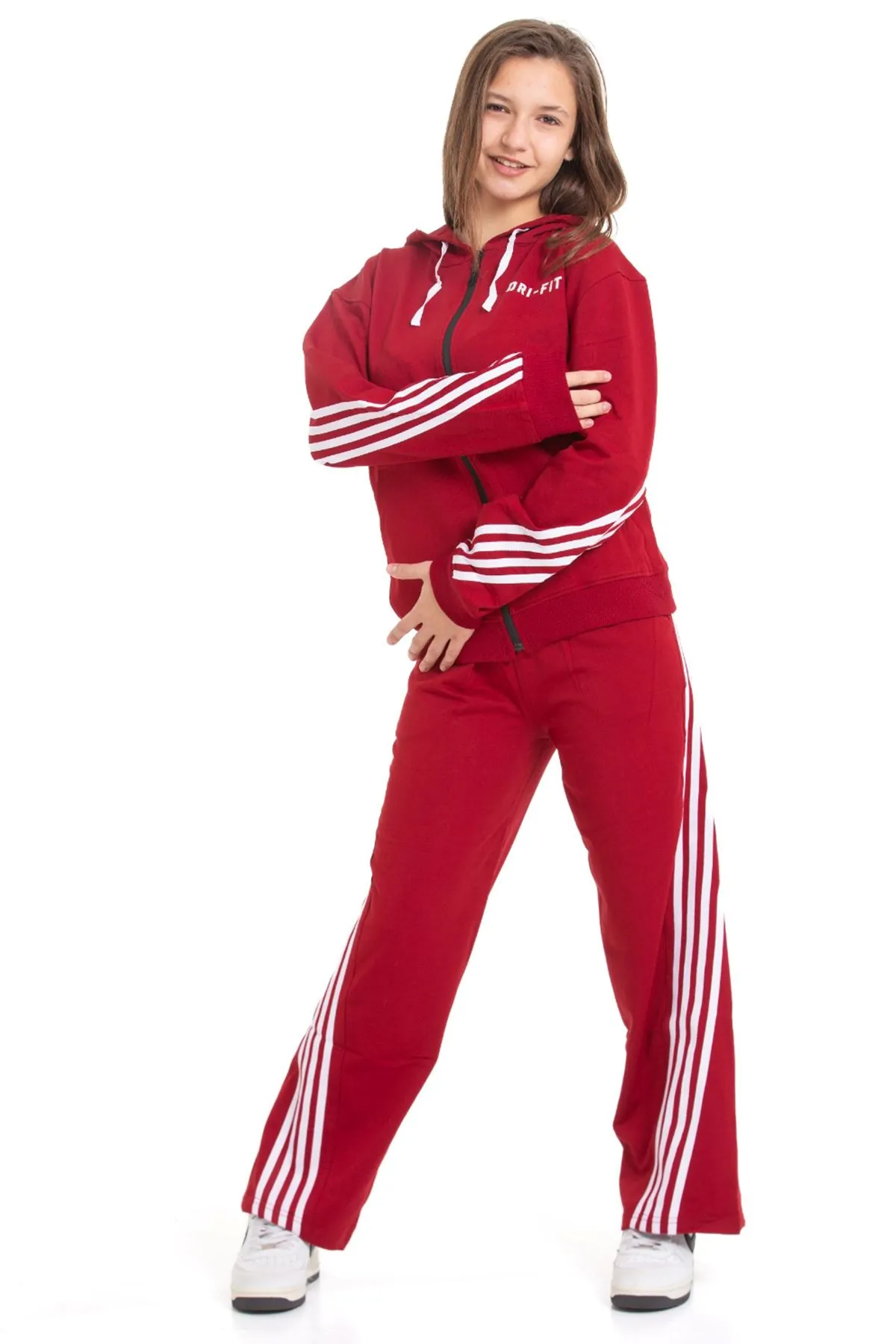 Minigimin Cicileri Şeritli Dri Fit Kapşonlu Kız Çocuk 2 li Eşofman Takımı - Bordo