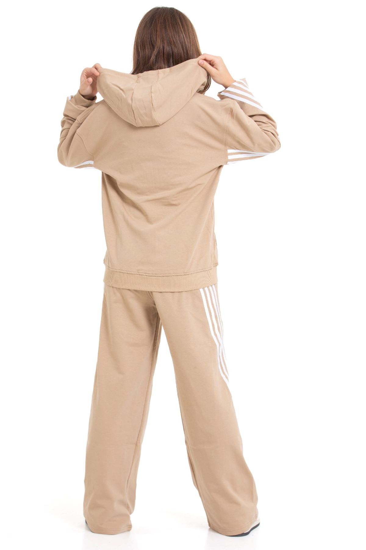 Minigimin Cicileri Şeritli Dri Fit Kapşonlu Kız Çocuk 2 li Eşofman Takımı - Bej