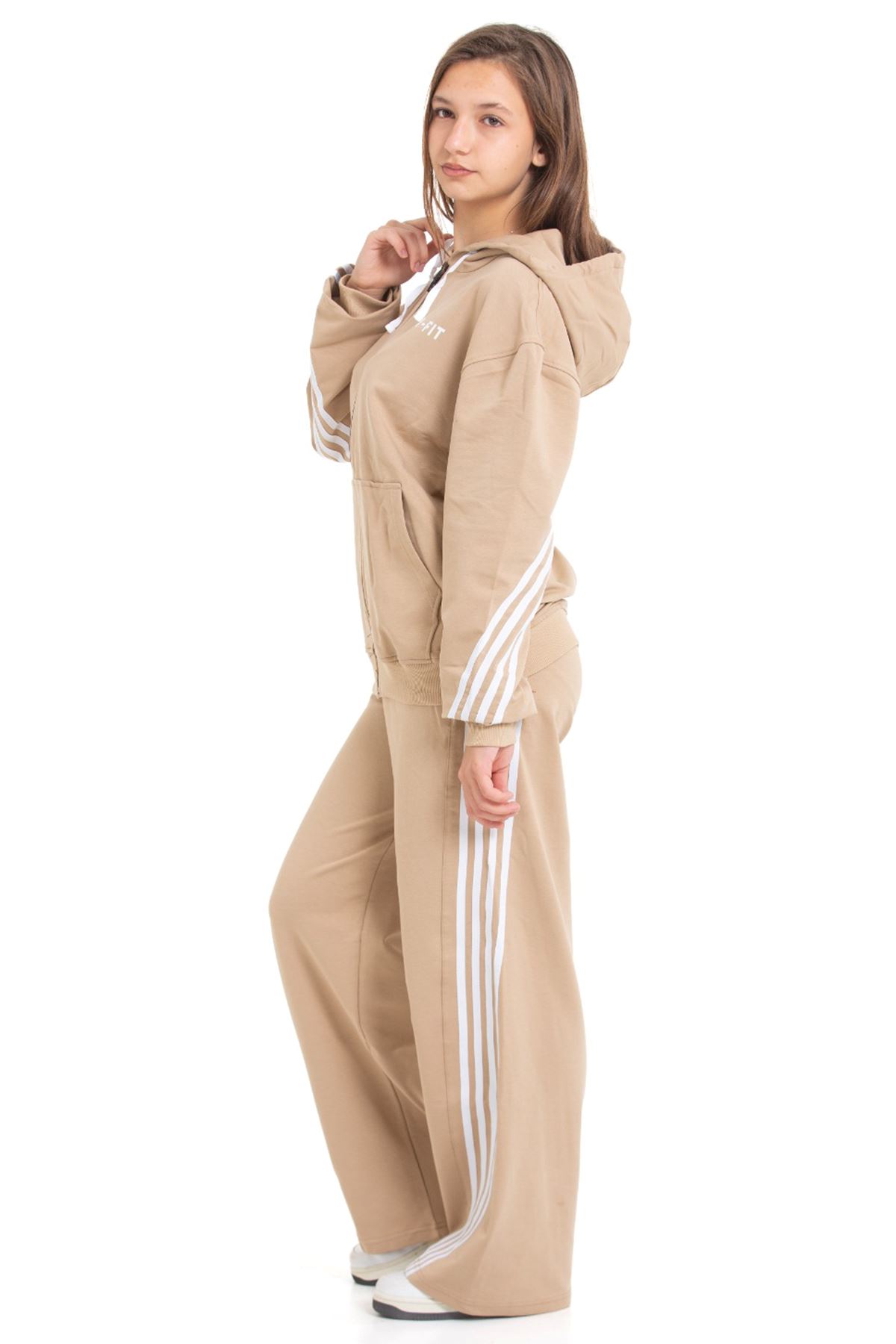 Minigimin Cicileri Şeritli Dri Fit Kapşonlu Kız Çocuk 2 li Eşofman Takımı - Bej