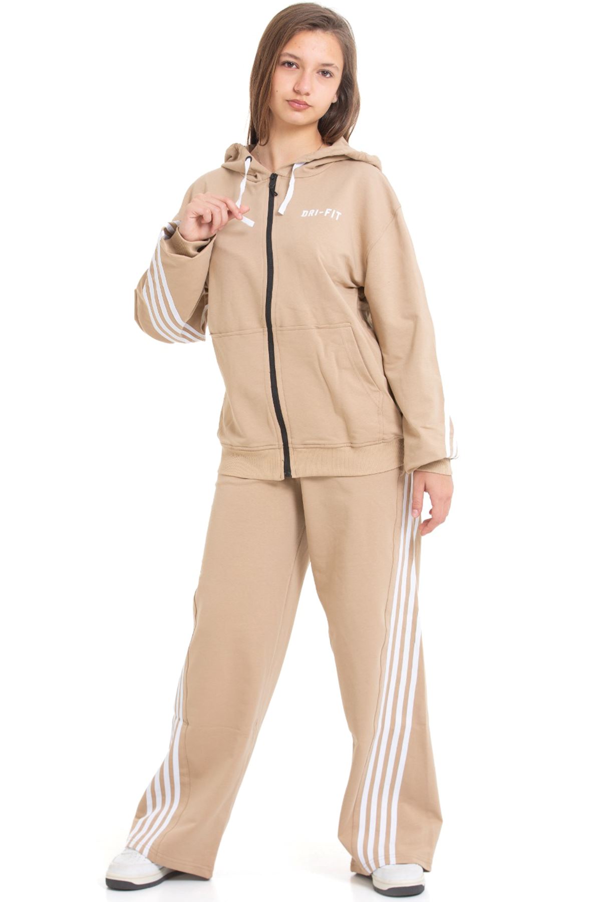 Minigimin Cicileri Şeritli Dri Fit Kapşonlu Kız Çocuk 2 li Eşofman Takımı - Bej