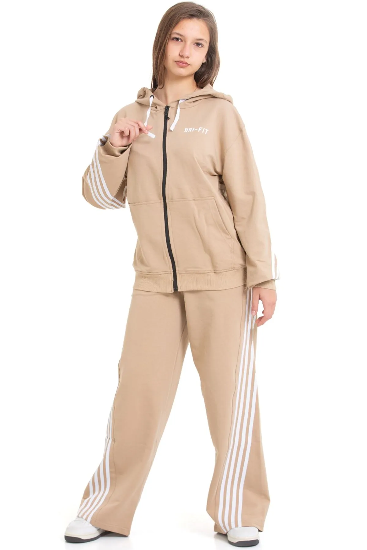 Minigimin Cicileri Şeritli Dri Fit Kapşonlu Kız Çocuk 2 li Eşofman Takımı - Bej
