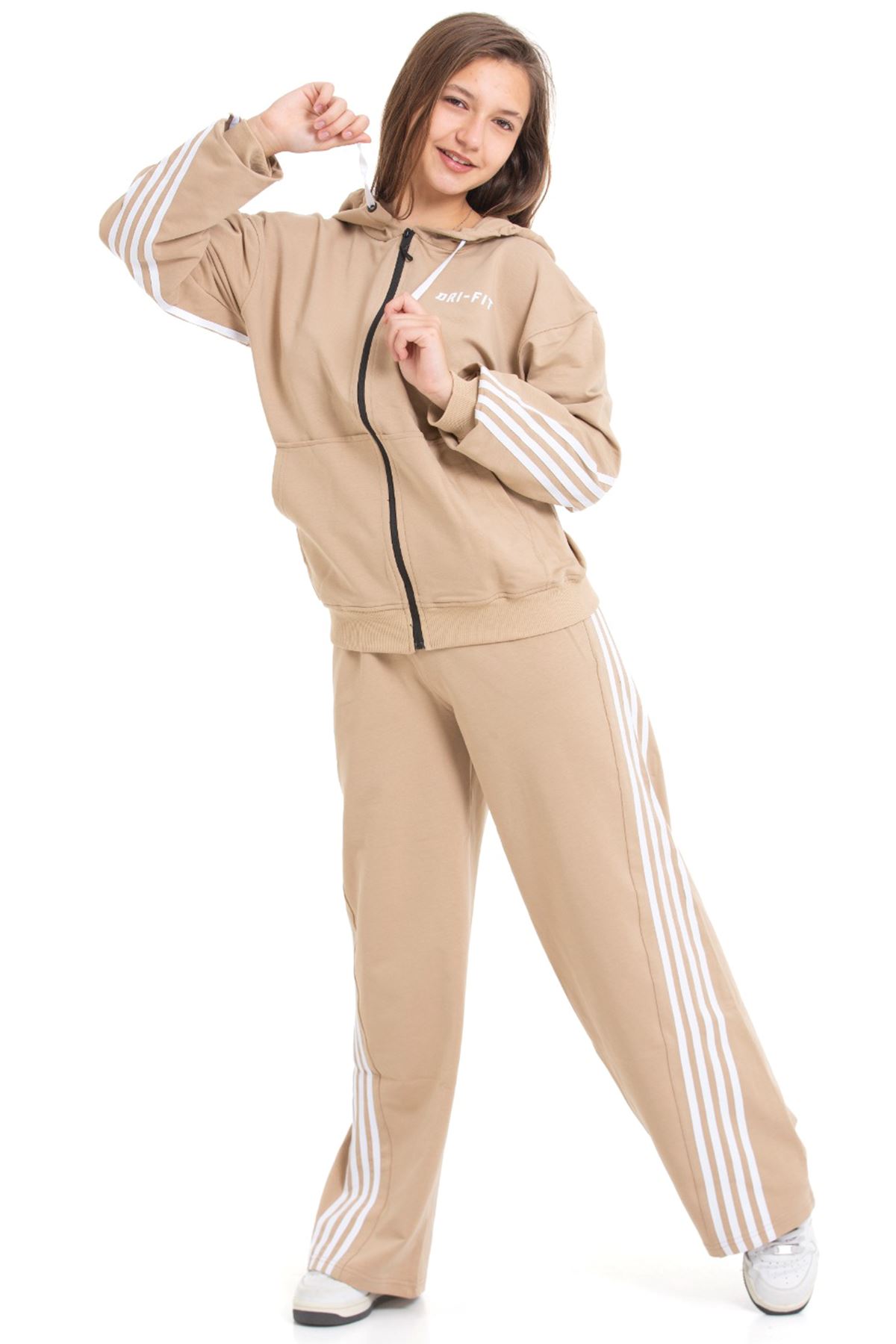 Minigimin Cicileri Şeritli Dri Fit Kapşonlu Kız Çocuk 2 li Eşofman Takımı - Bej