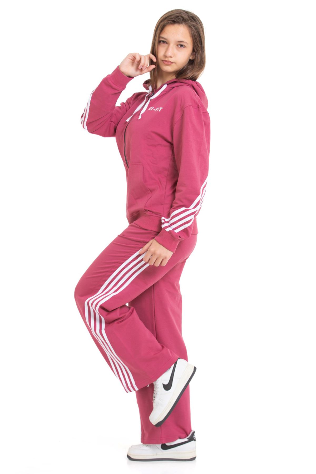 Minigimin Cicileri Şeritli Dri Fit Kapşonlu Kız Çocuk 2 li Eşofman Takımı - Gül Kurusu