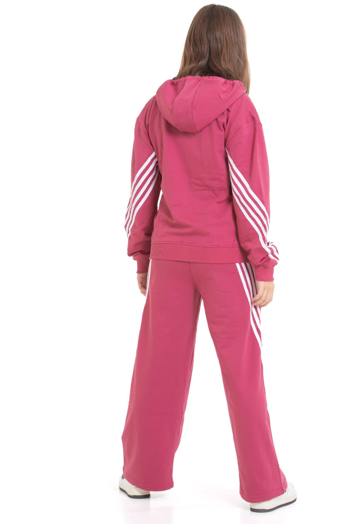 Minigimin Cicileri Şeritli Dri Fit Kapşonlu Kız Çocuk 2 li Eşofman Takımı - Gül Kurusu