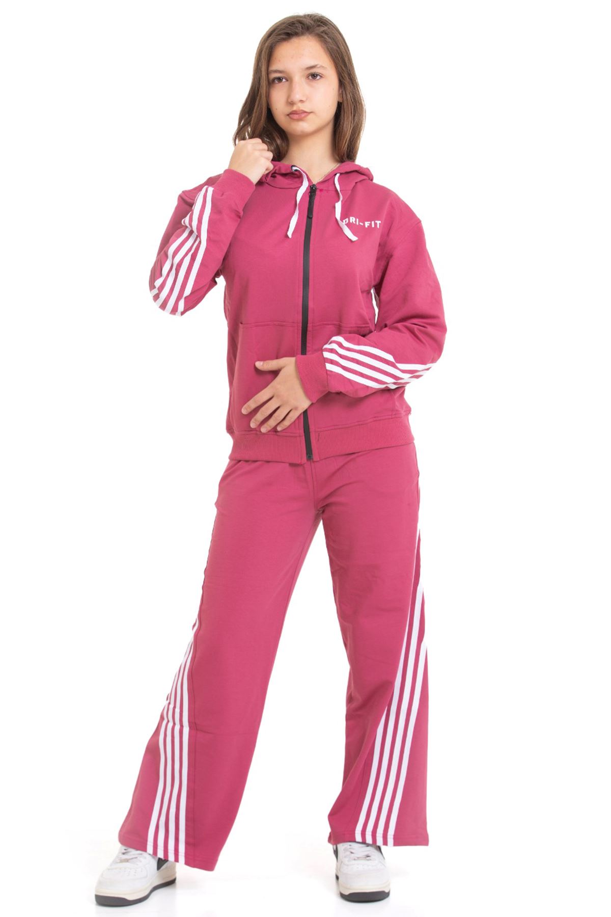 Minigimin Cicileri Şeritli Dri Fit Kapşonlu Kız Çocuk 2 li Eşofman Takımı - Gül Kurusu