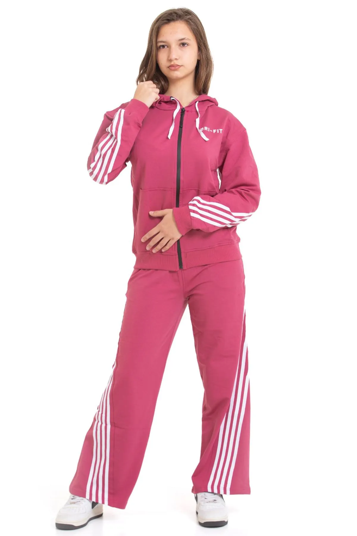 Minigimin Cicileri Şeritli Dri Fit Kapşonlu Kız Çocuk 2 li Eşofman Takımı - Gül Kurusu