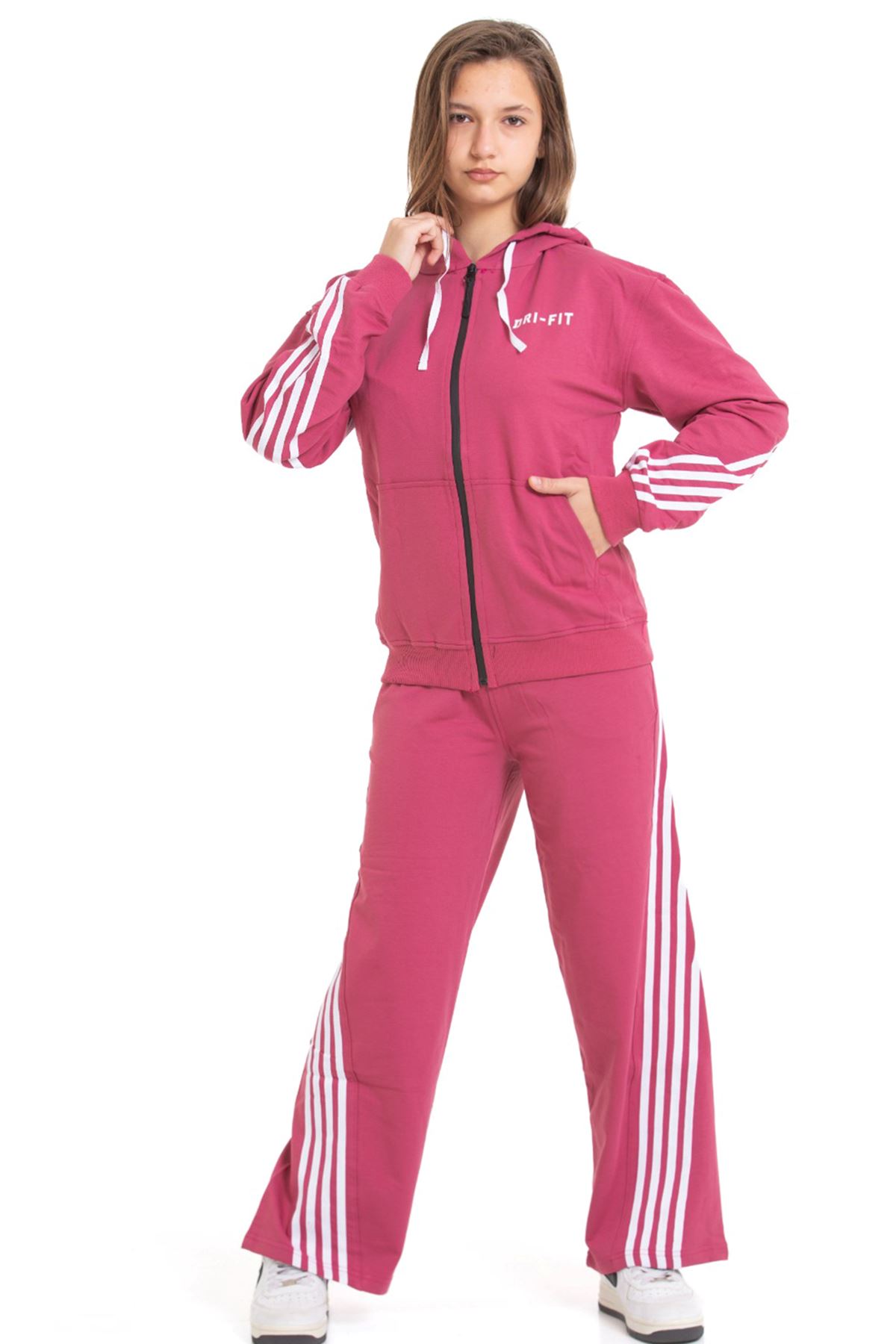 Minigimin Cicileri Şeritli Dri Fit Kapşonlu Kız Çocuk 2 li Eşofman Takımı - Gül Kurusu