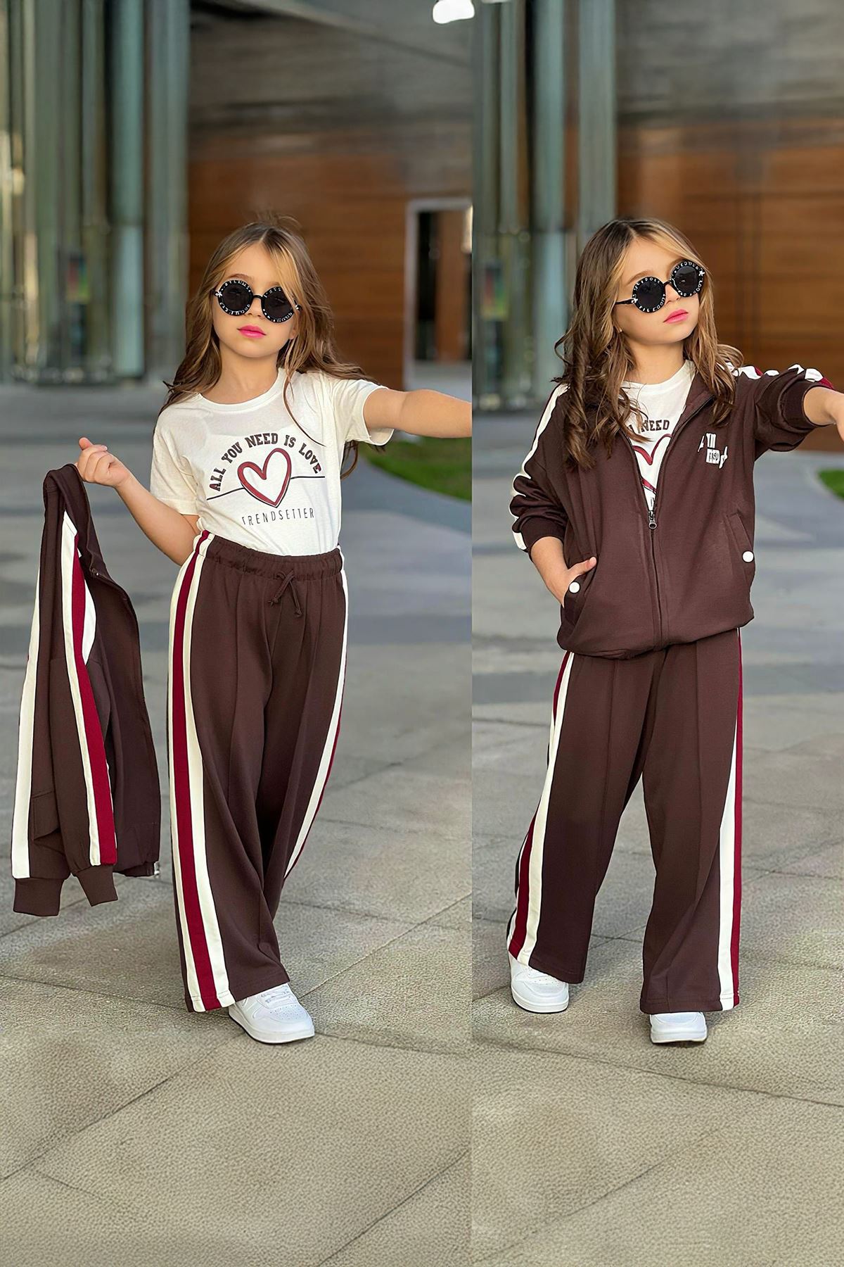 Minigimin Cicileri All You Şeritli Oysho 3 lü Kız Çocuk Takım - Kahverengi