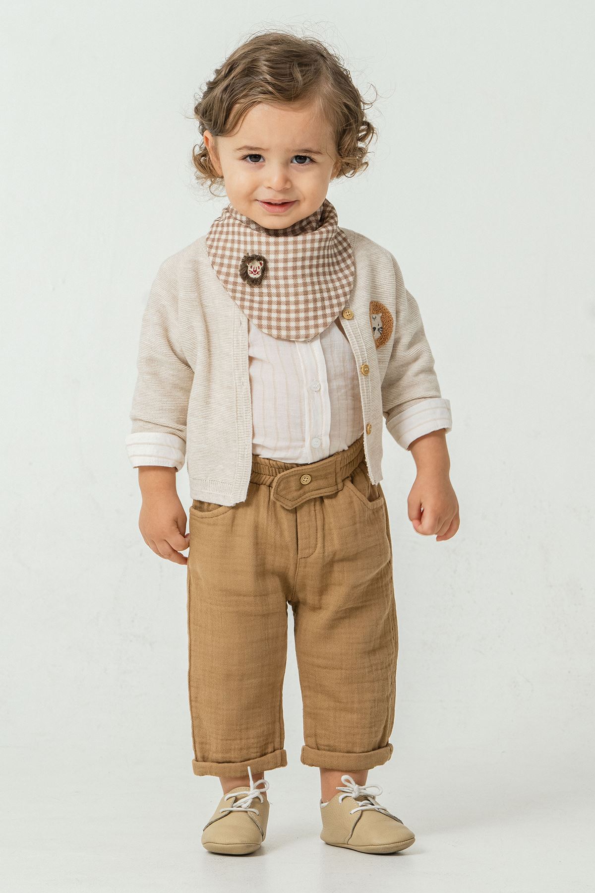 Minigimin Cicileri Süzüne Aslan Nakışlı Triko Hırka 4'lü Erkek Bebek Takım - Bej