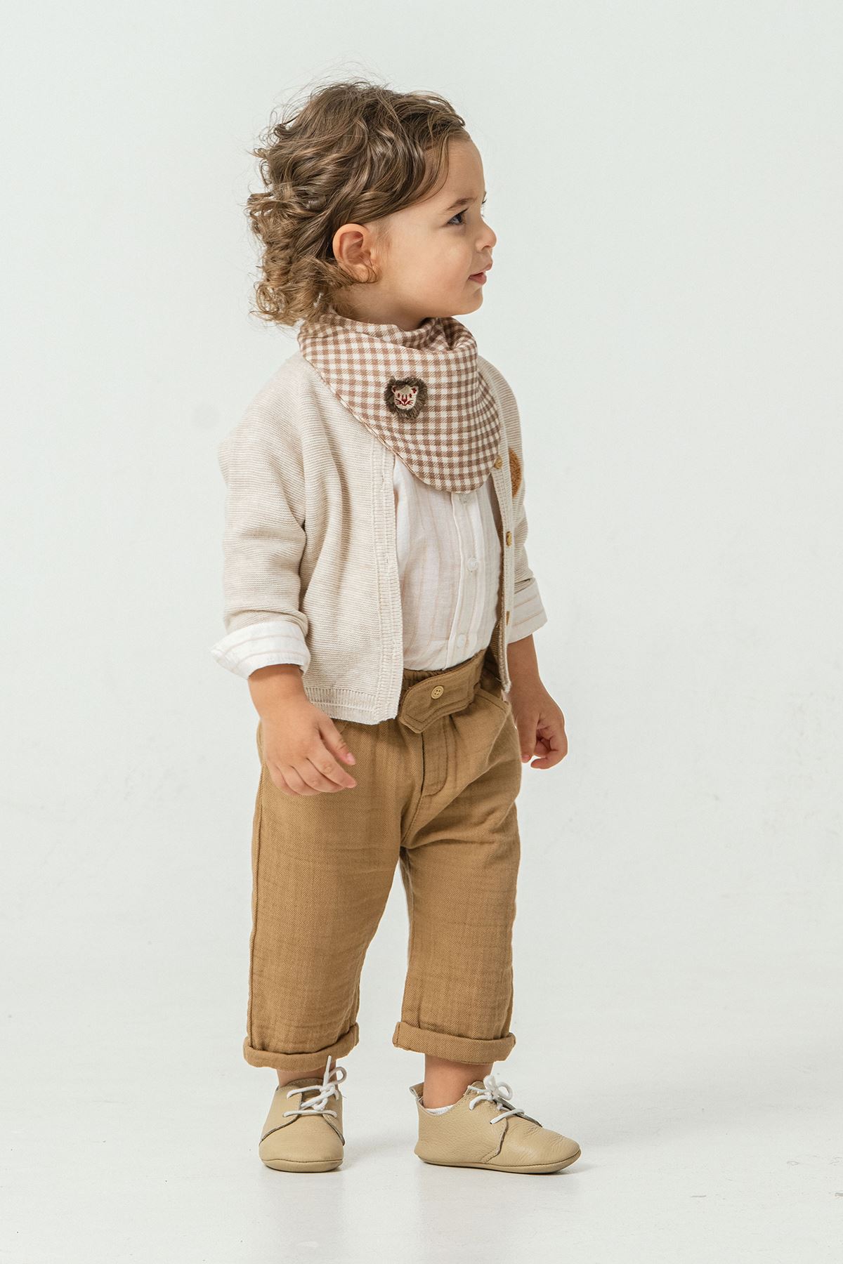 Minigimin Cicileri Süzüne Aslan Nakışlı Triko Hırka 4'lü Erkek Bebek Takım - Bej