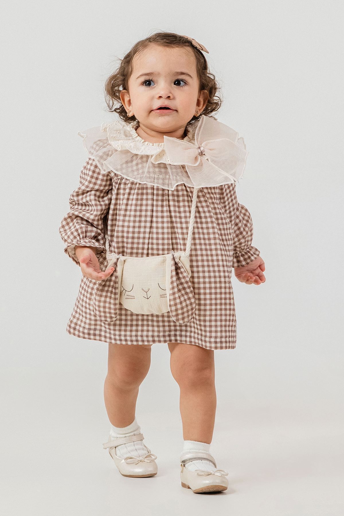 Minigimin Cicileri Prenses Yaka Tül Güpürlü Pötükare Elbise Çantalı 2'Li Kız Bebek Takım - Kahverengi