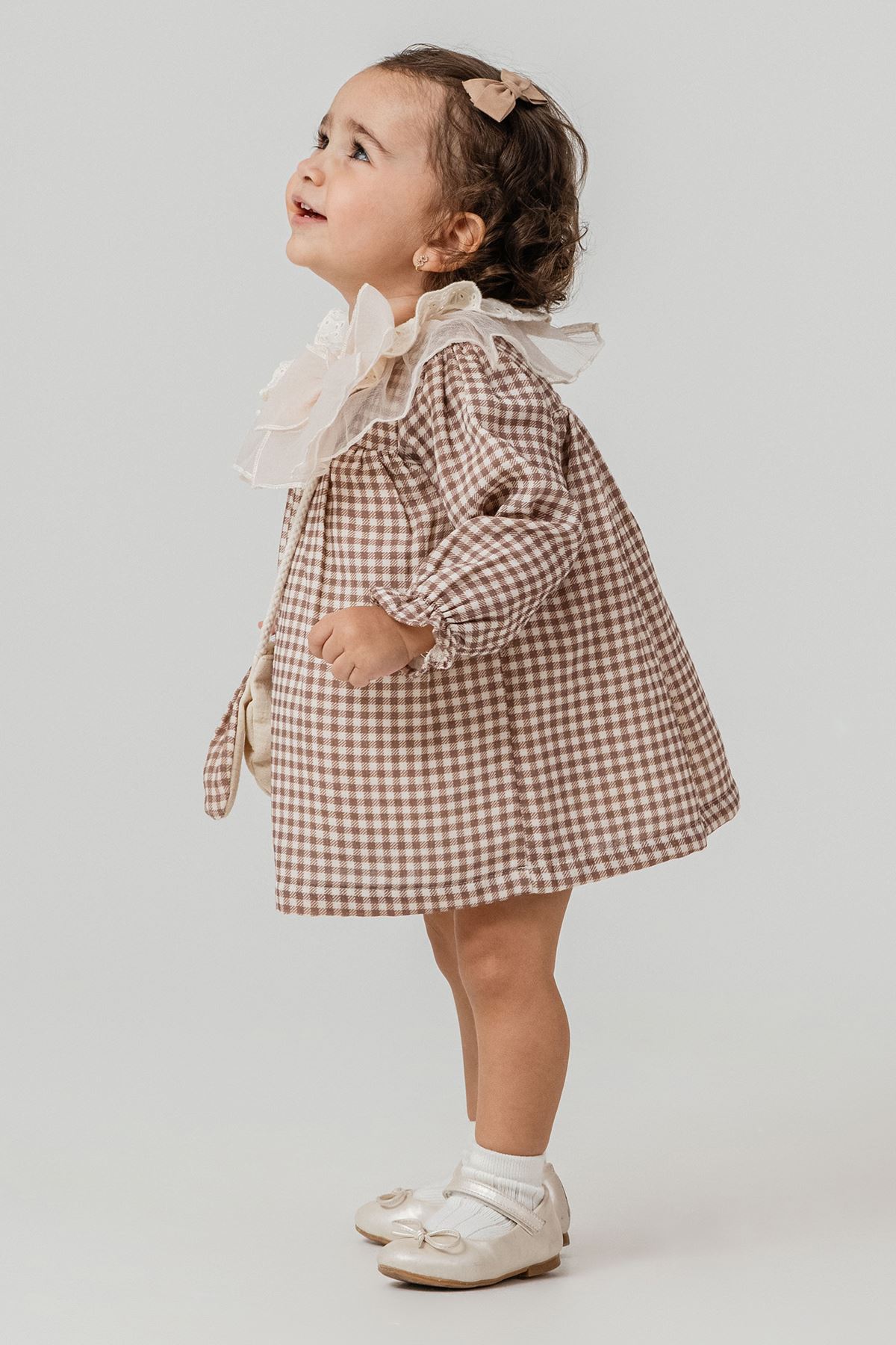 Minigimin Cicileri Prenses Yaka Tül Güpürlü Pötükare Elbise Çantalı 2'Li Kız Bebek Takım - Kahverengi