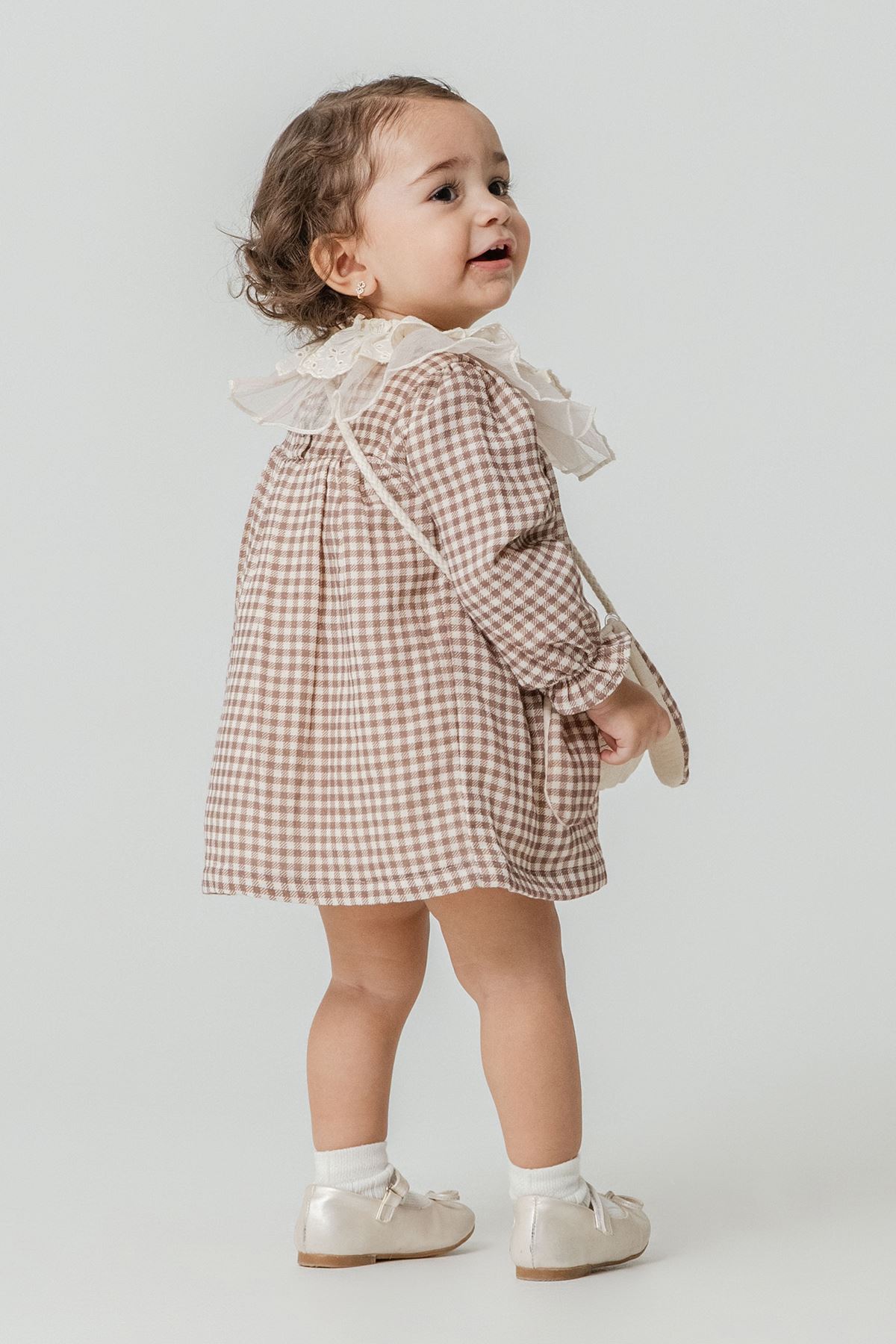 Minigimin Cicileri Prenses Yaka Tül Güpürlü Pötükare Elbise Çantalı 2'Li Kız Bebek Takım - Kahverengi